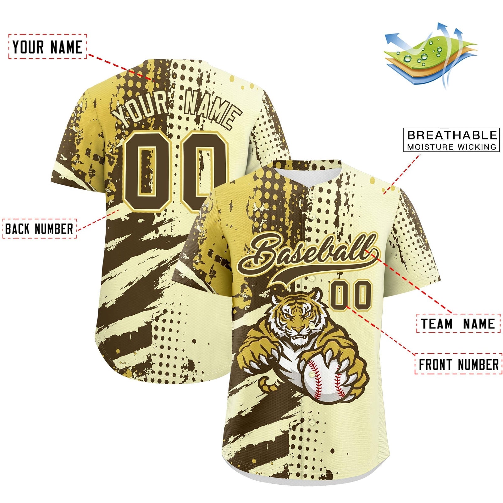 Custom Cream Light Brown Old Gold Full-Snap Graffiti Pattern Tiger Graffiti Jersey Baseball Jersey| KXKSHOP
