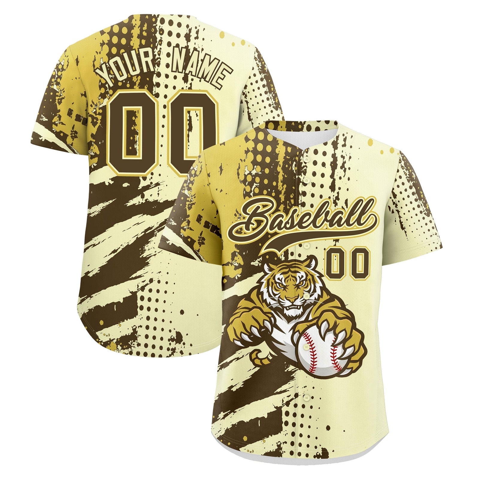 Custom Cream Light Brown Old Gold Full-Snap Graffiti Pattern Tiger Graffiti Jersey Baseball Jersey| KXKSHOP
