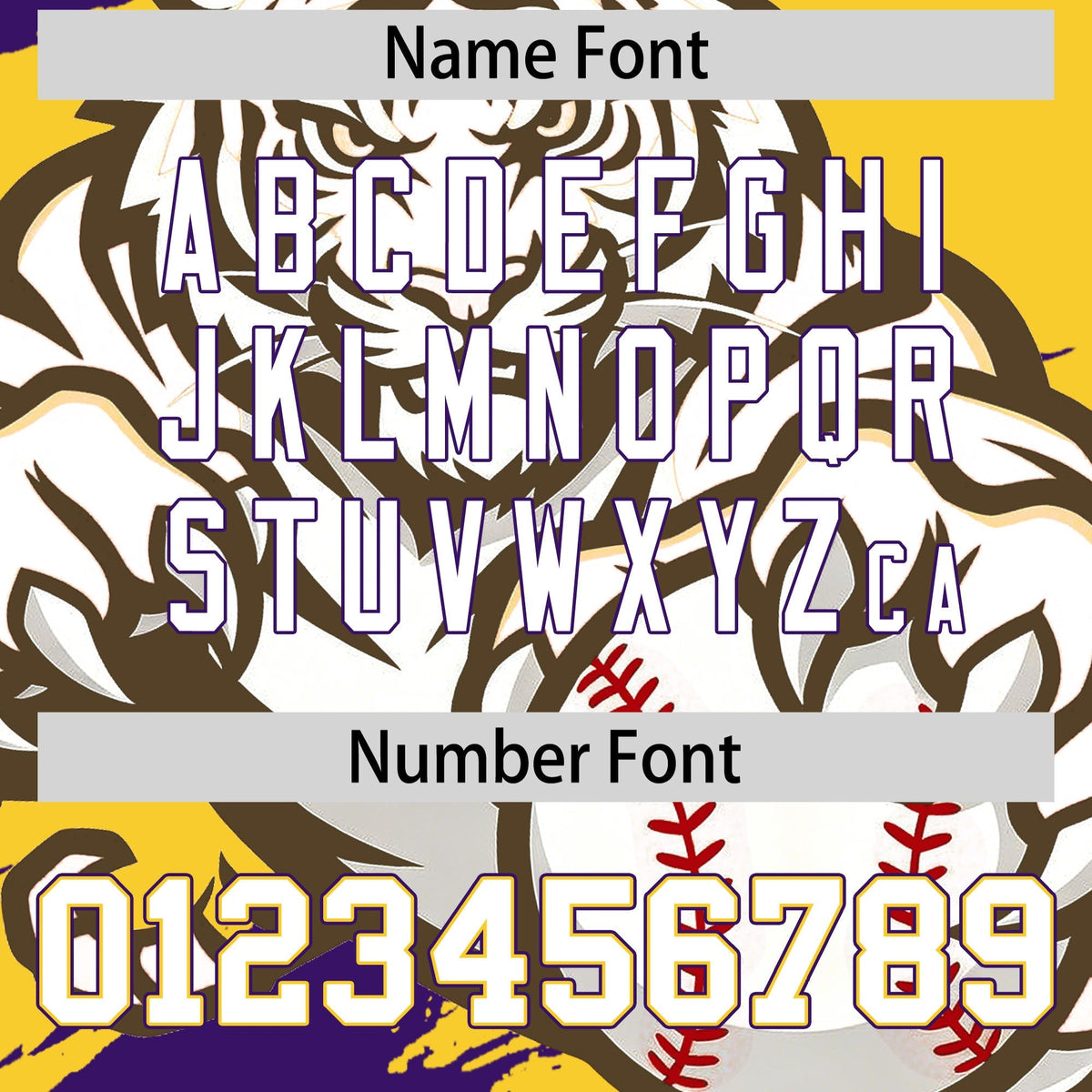 Custom Gold Purple White Full-Snap Graffiti Pattern Tiger Graffiti Jersey Baseball Jersey| KXKSHOP