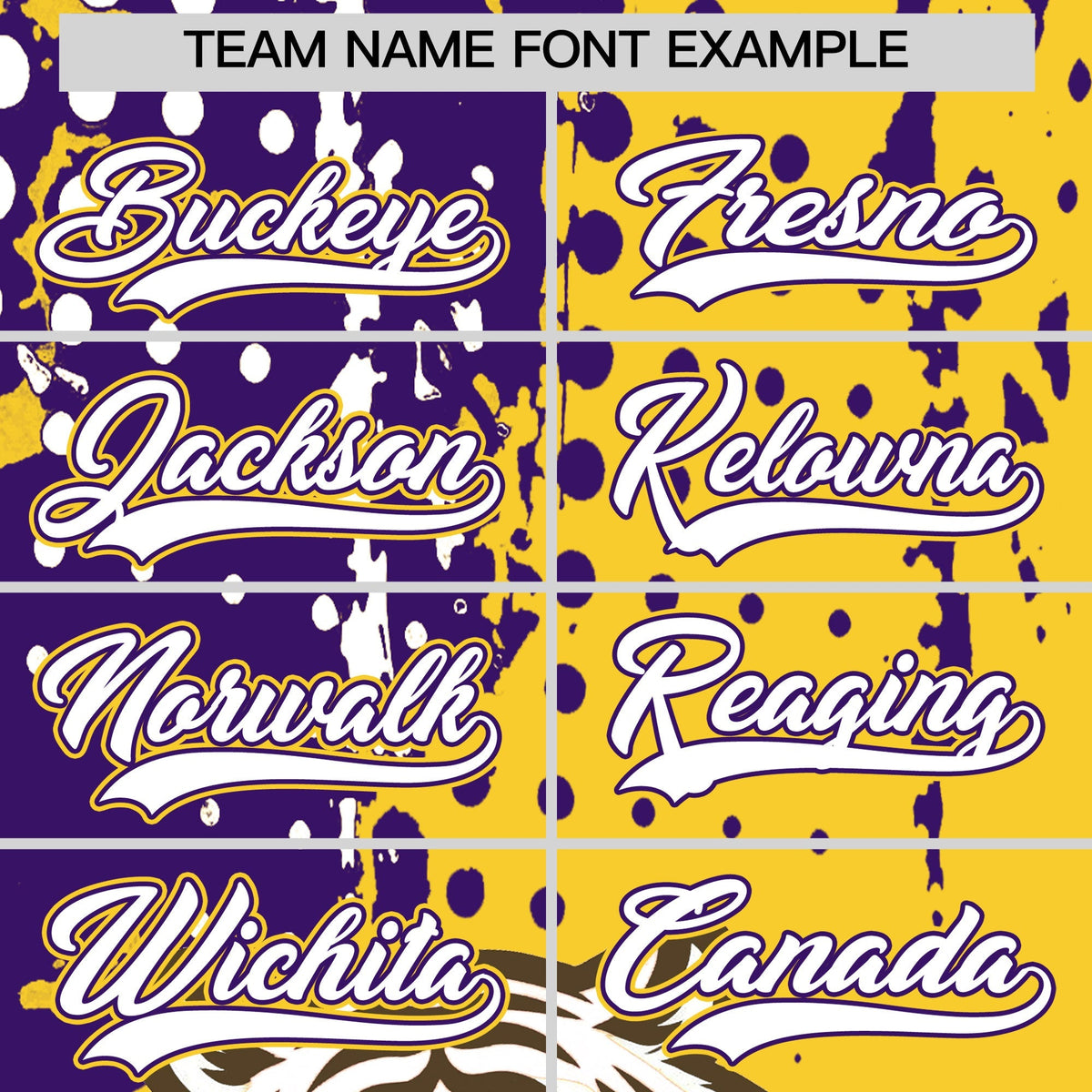 Custom Gold Purple White Full-Snap Graffiti Pattern Tiger Graffiti Jersey Baseball Jersey| KXKSHOP