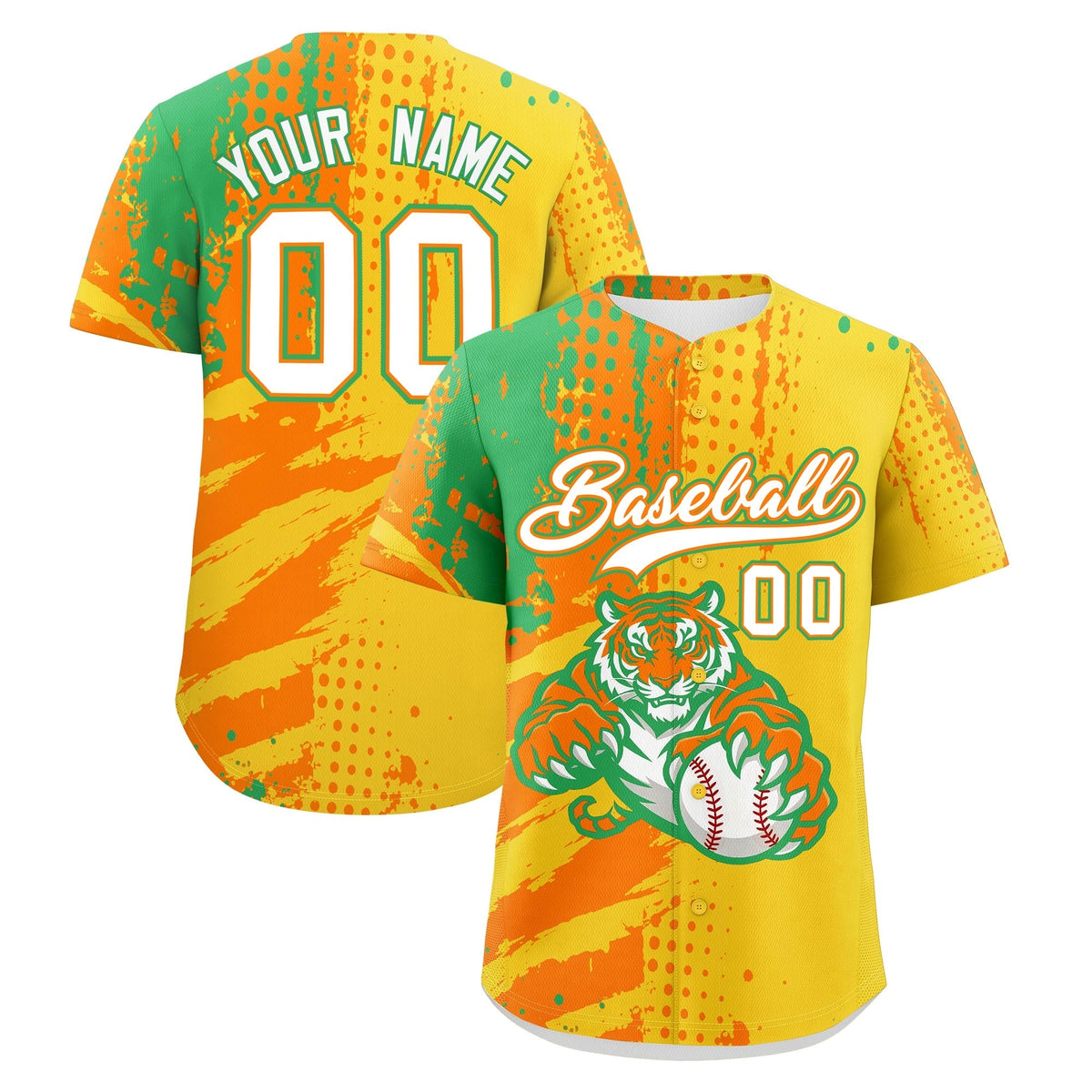 Custom Gold Orange Neon Green Full-Snap Graffiti Pattern Tiger Graffiti Jersey Baseball Jersey| KXKSHOP