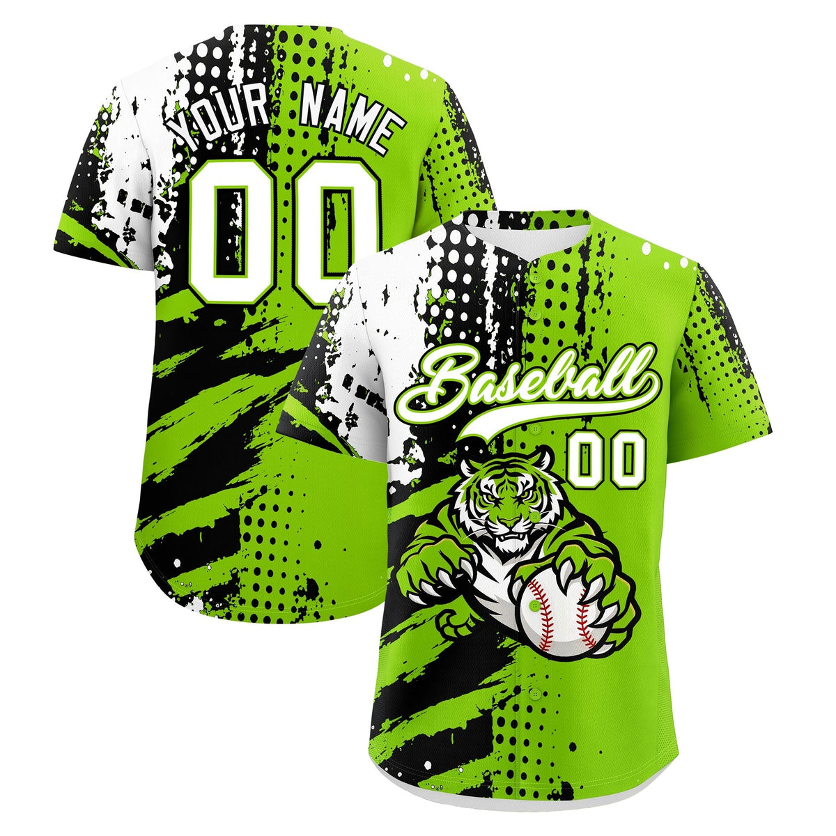 Custom Neon Green Black White Full-Snap Graffiti Pattern Tiger Graffiti Jersey Baseball Jersey| KXKSHOP