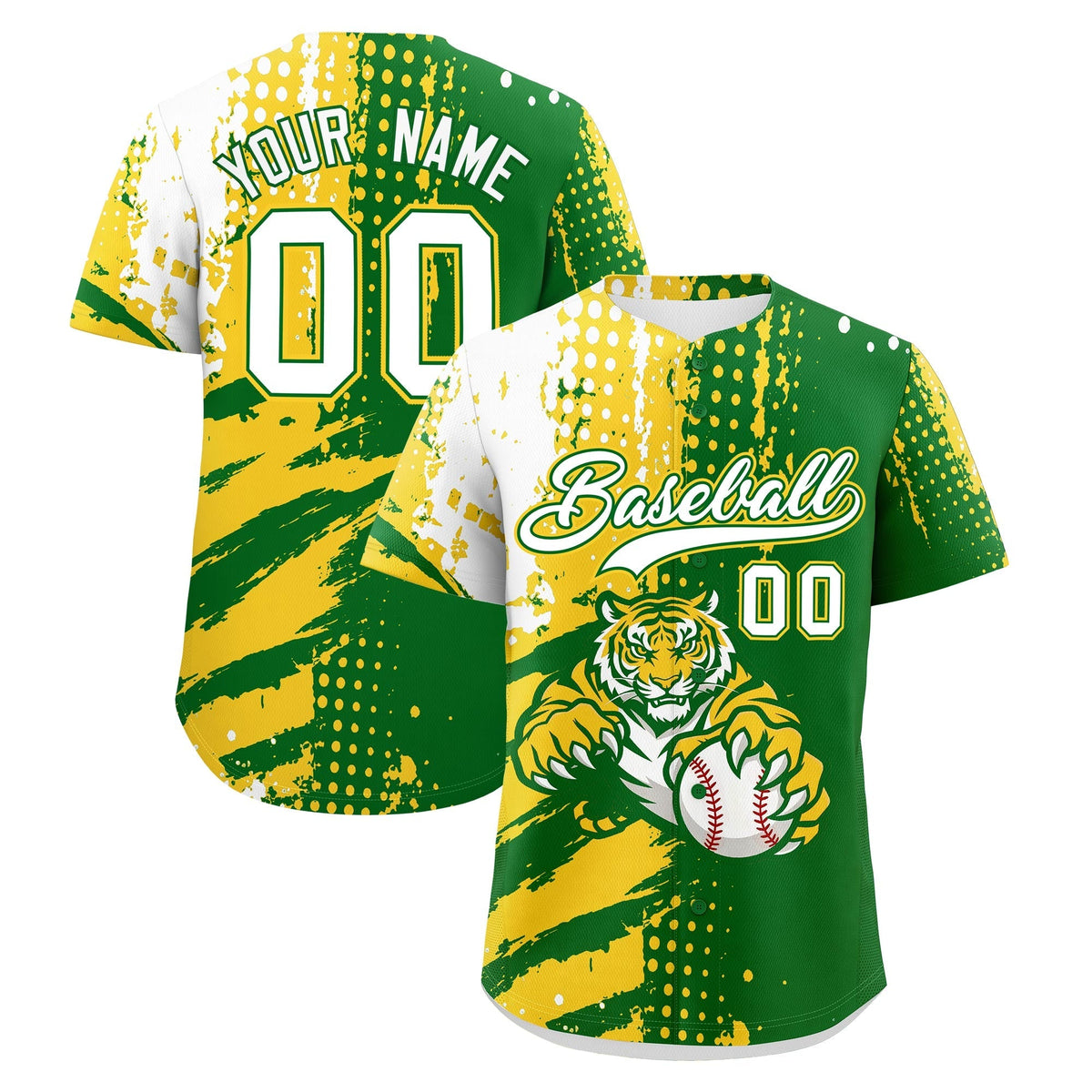 Custom Kelly Green Gold White Full-Snap Graffiti Pattern Tiger Graffiti Jersey Baseball Jersey| KXKSHOP
