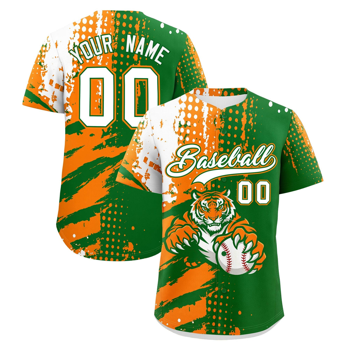 Custom Kelly Green Orange White Full-Snap Graffiti Pattern Tiger Graffiti Jersey Baseball Jersey| KXKSHOP