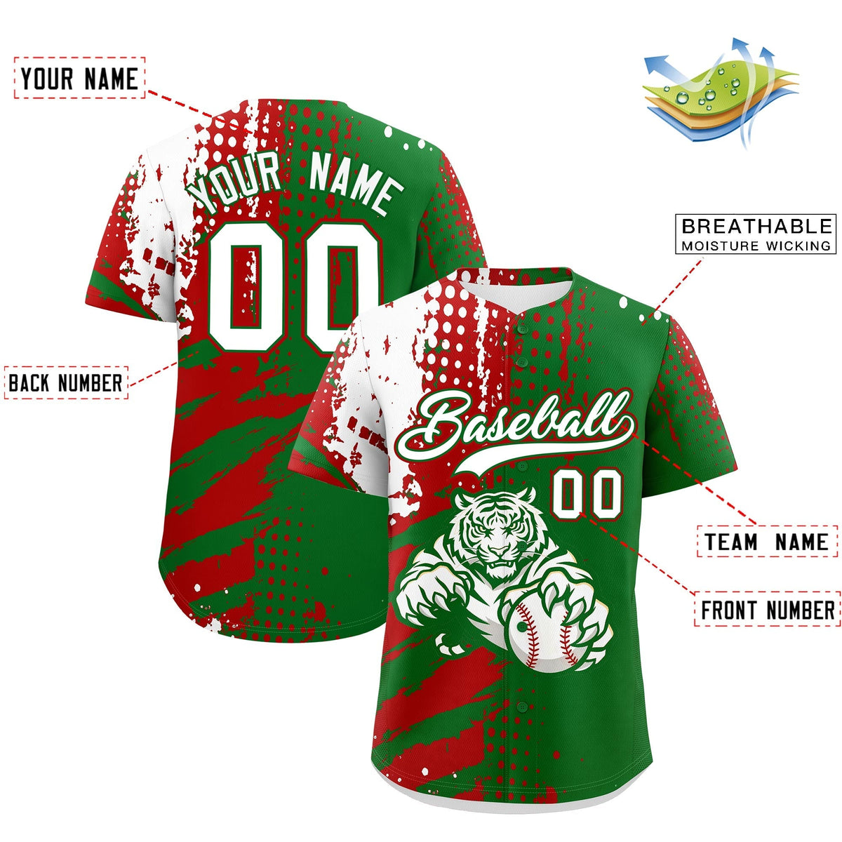 Custom Kelly Green Red White Full-Snap Graffiti Pattern Tiger Graffiti Jersey Baseball Jersey| KXKSHOP