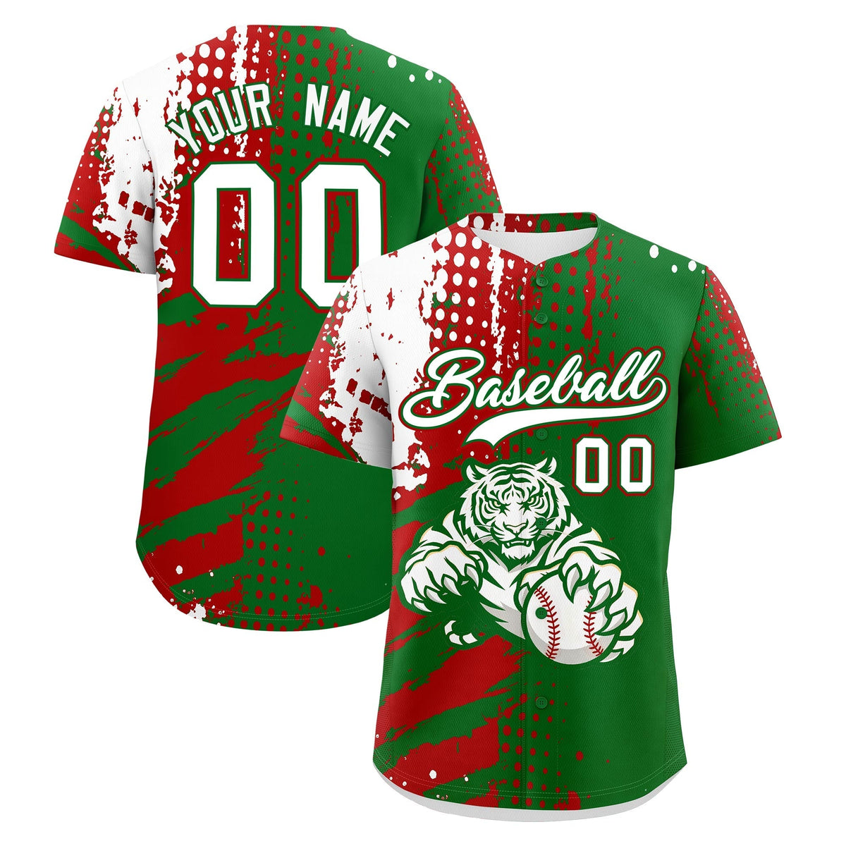 Custom Kelly Green Red White Full-Snap Graffiti Pattern Tiger Graffiti Jersey Baseball Jersey| KXKSHOP