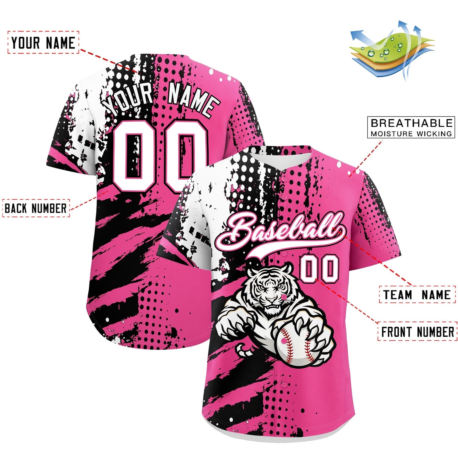 Custom Pink Black White Full-Snap Graffiti Pattern Tiger Graffiti Jersey Baseball Jersey| KXKSHOP