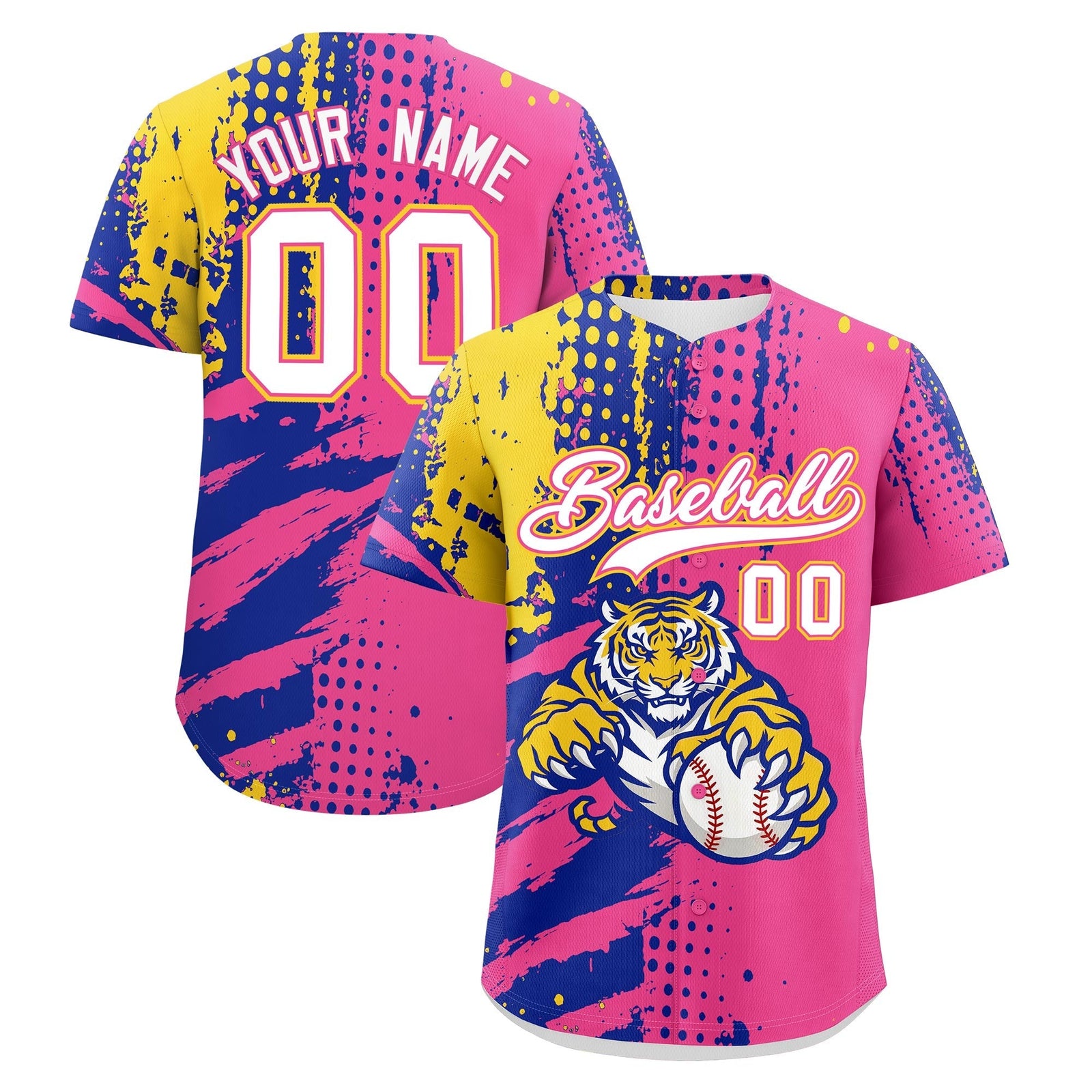 Custom Pink Royal Blue Gold Full-Snap Graffiti Pattern Tiger Graffiti Jersey Baseball Jersey| KXKSHOP