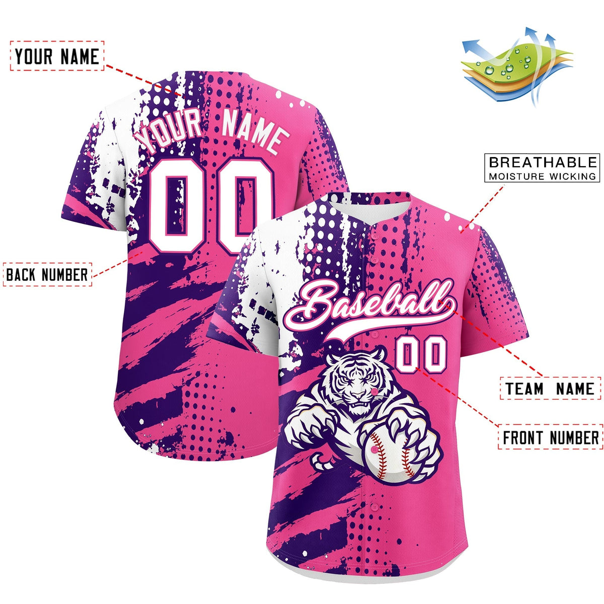 Custom Pink Purple White Full-Snap Graffiti Pattern Tiger Graffiti Jersey Baseball Jersey| KXKSHOP