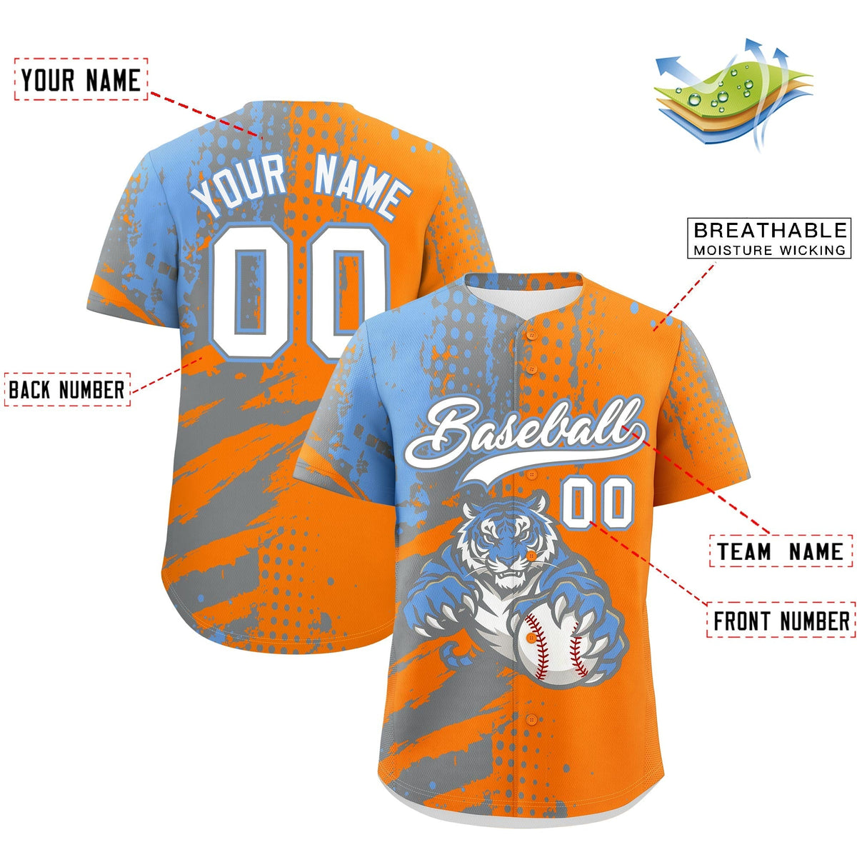 Custom Orange Silver Light Blue Full-Snap Graffiti Pattern Tiger Graffiti Jersey Baseball Jersey| KXKSHOP