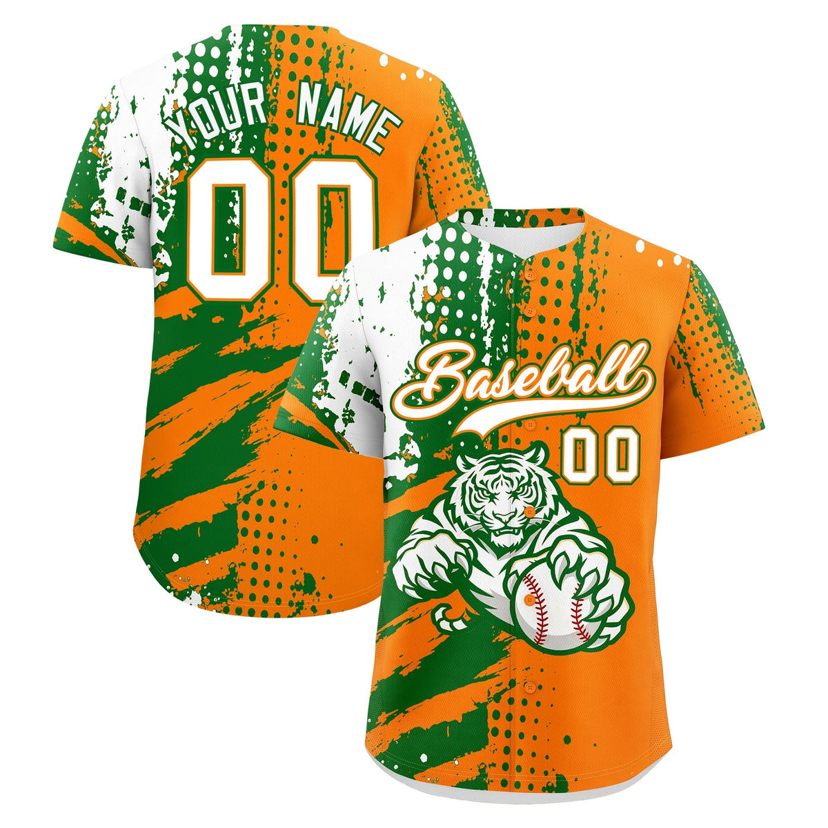 Custom Orange Kelly Green White Full-Snap Graffiti Pattern Tiger Graffiti Jersey Baseball Jersey| KXKSHOP