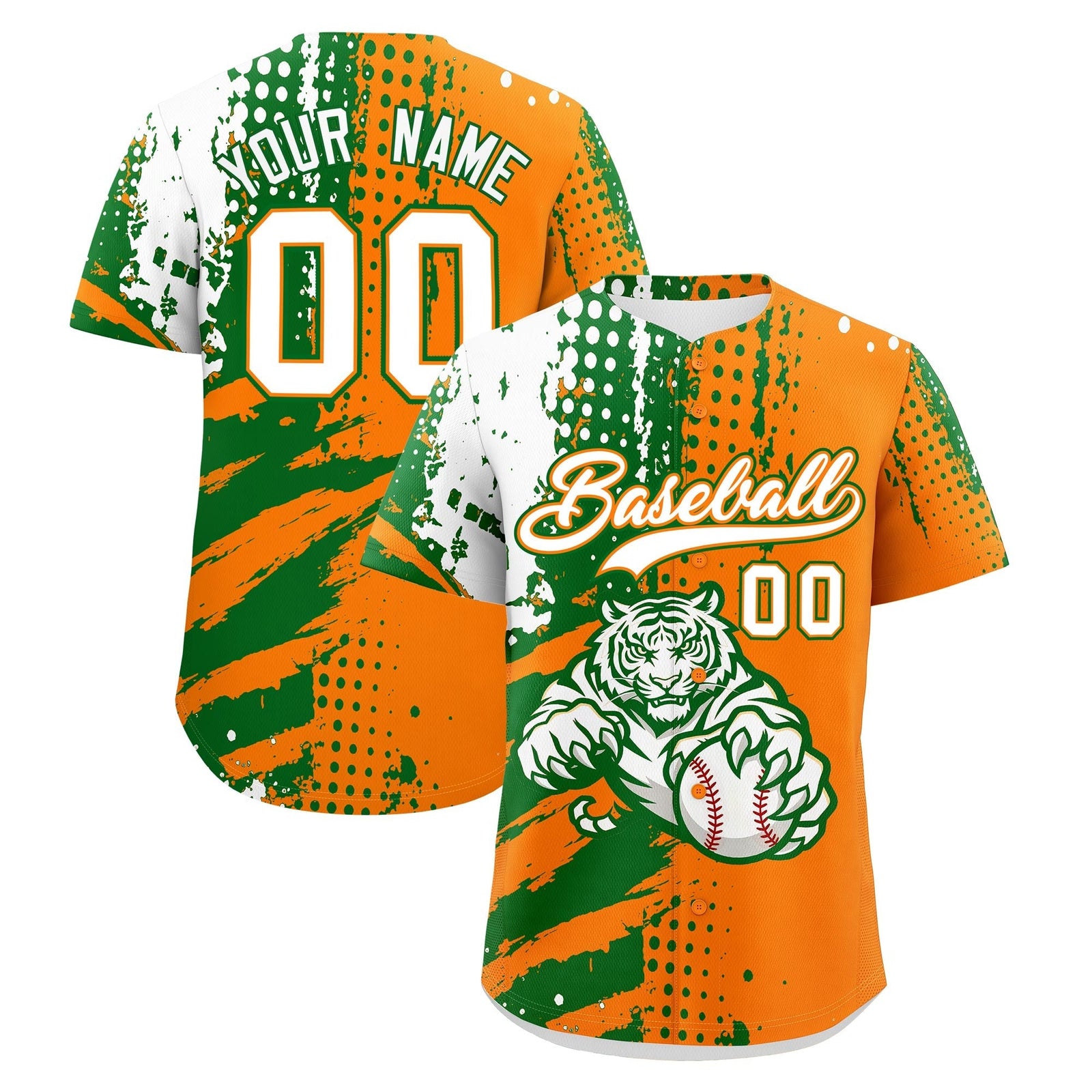 Custom Orange Kelly Green White Full-Snap Graffiti Pattern Tiger Graffiti Jersey Baseball Jersey| KXKSHOP