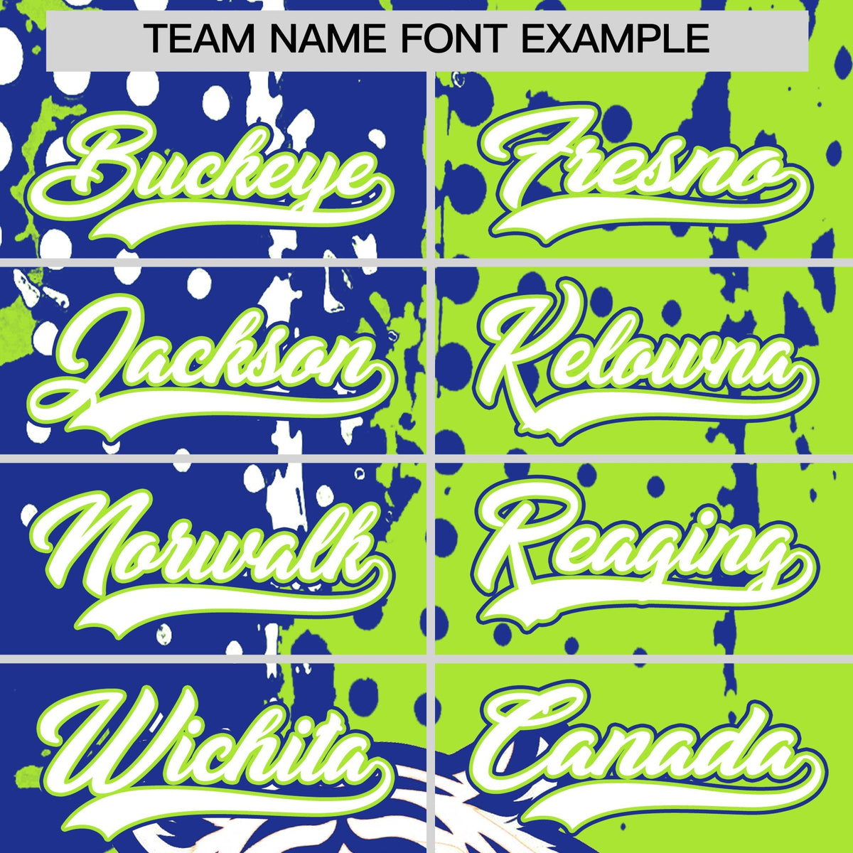 Custom Royal Blue Neon Green White Full-Snap Graffiti Pattern Tiger Graffiti Jersey Baseball Jersey| KXKSHOP