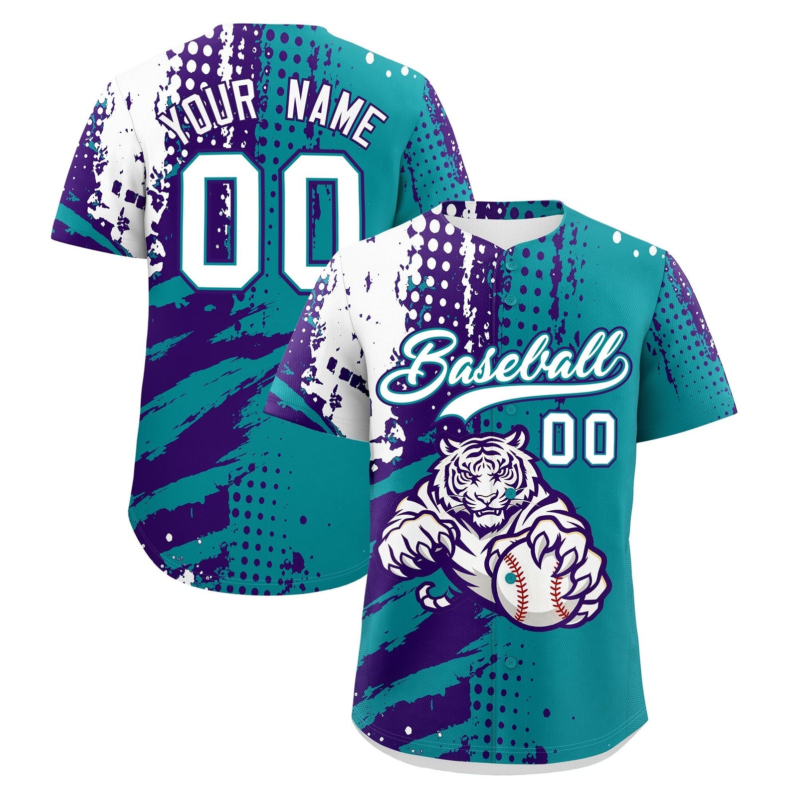 Custom Teal Purple White Full-Snap Graffiti Pattern Tiger Graffiti Jersey Baseball Jersey| KXKSHOP