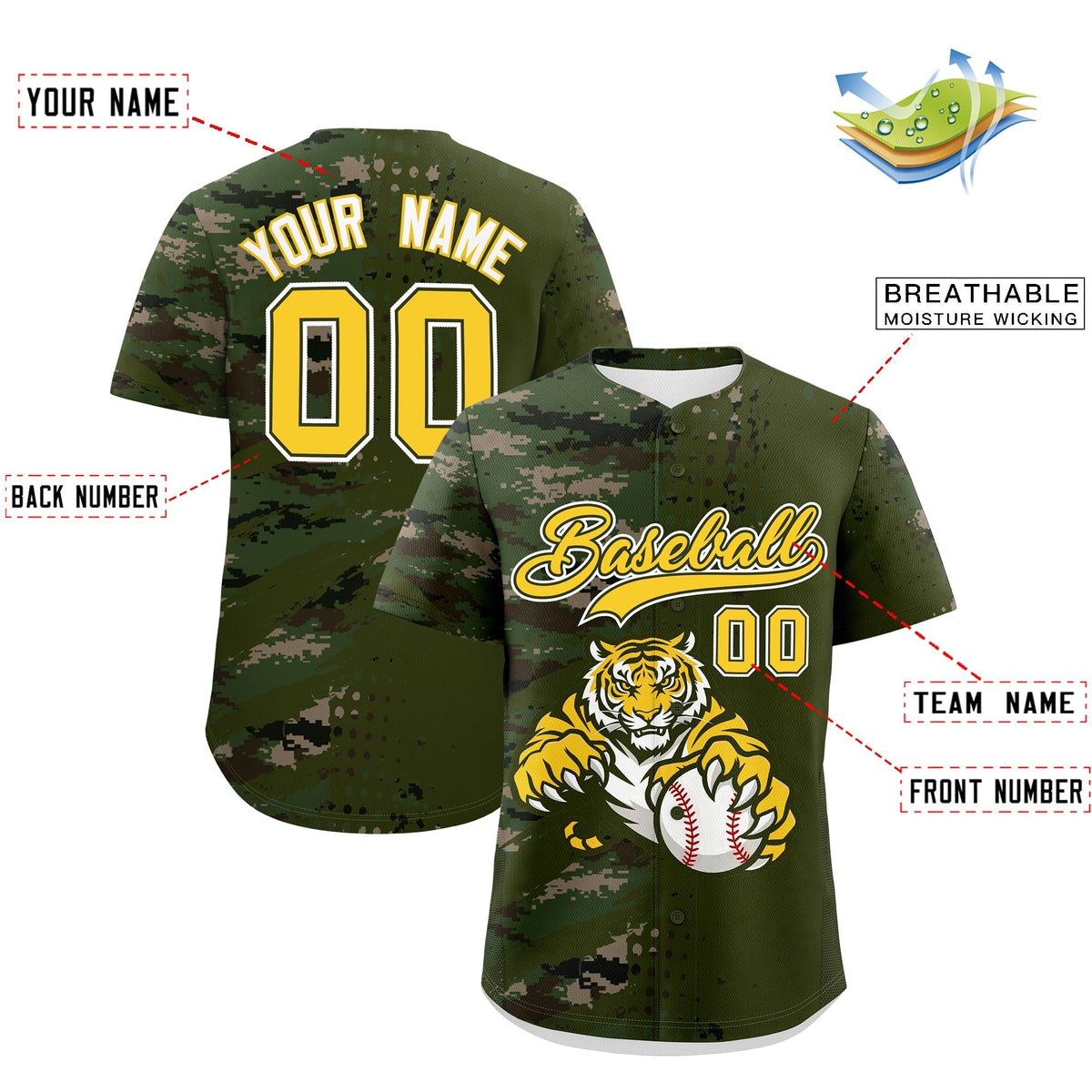 Custom Olive Camo Gold Full-Snap Graffiti Pattern Tiger Graffiti Jersey Baseball Jersey| KXKSHOP