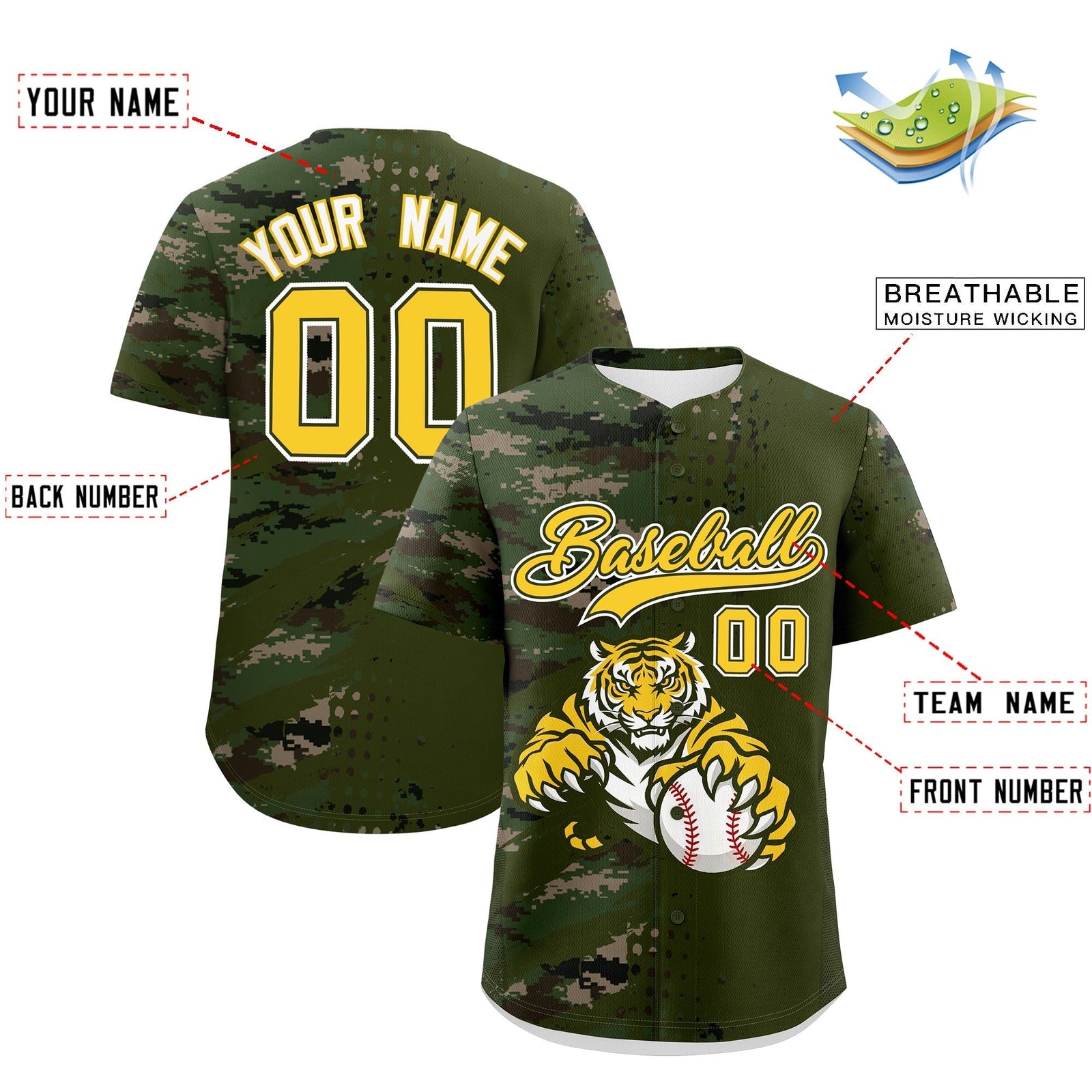 Custom Olive Camo Gold Full-Snap Graffiti Pattern Tiger Graffiti Jersey Baseball Jersey| KXKSHOP