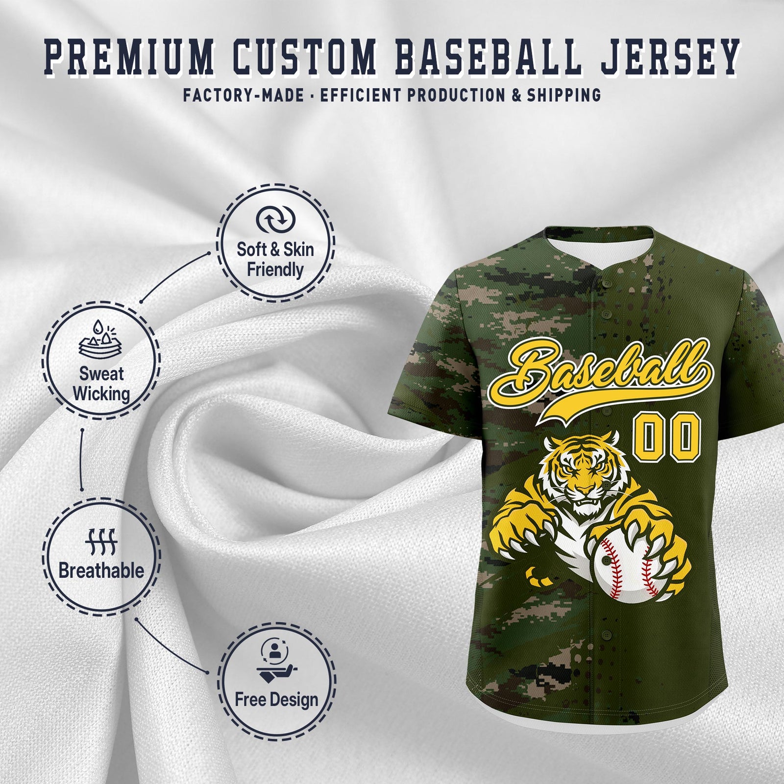 Custom Olive Camo Gold Full-Snap Graffiti Pattern Tiger Graffiti Jersey Baseball Jersey| KXKSHOP