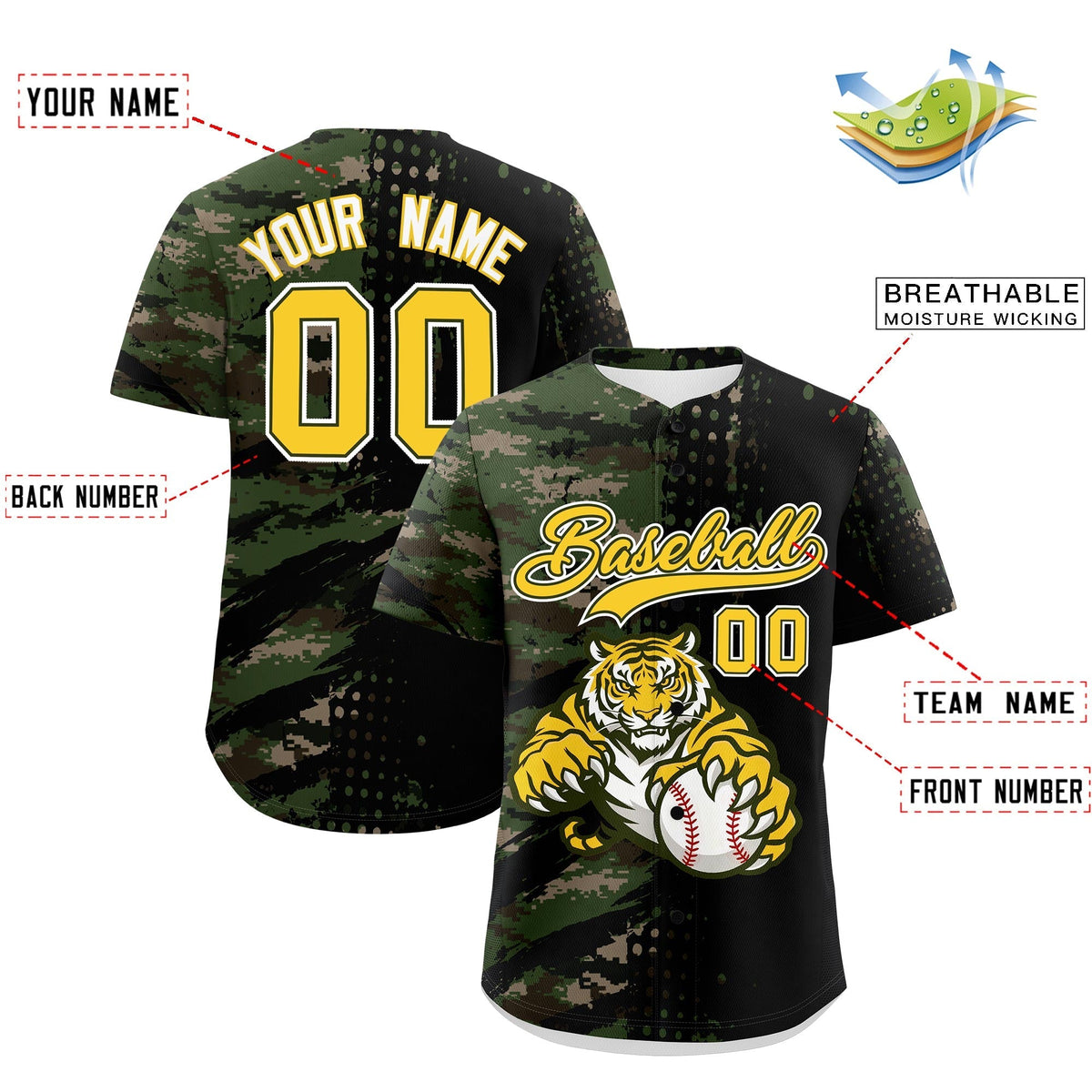 Custom Camo Black Gold Full-Snap Graffiti Pattern Tiger Graffiti Jersey Baseball Jersey| KXKSHOP