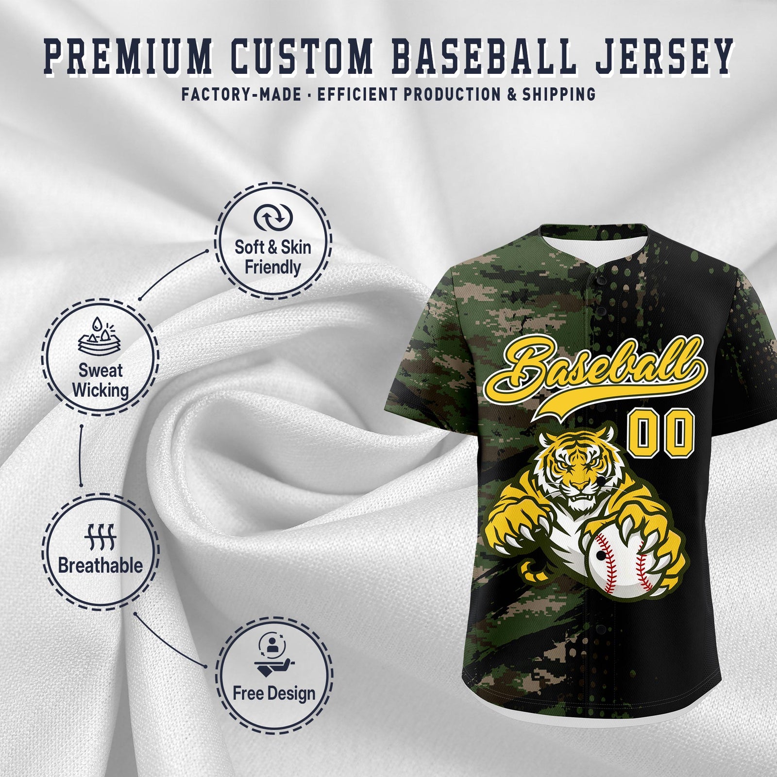 Custom Camo Black Gold Full-Snap Graffiti Pattern Tiger Graffiti Jersey Baseball Jersey| KXKSHOP