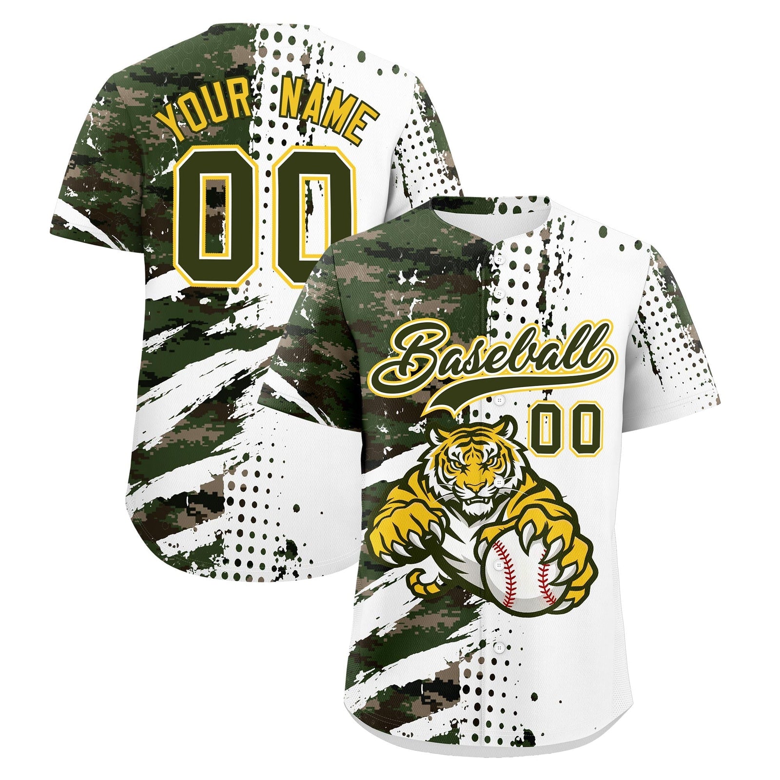 Custom White Camo Olive Full-Snap Graffiti Pattern Tiger Graffiti Jersey Baseball Jersey| KXKSHOP