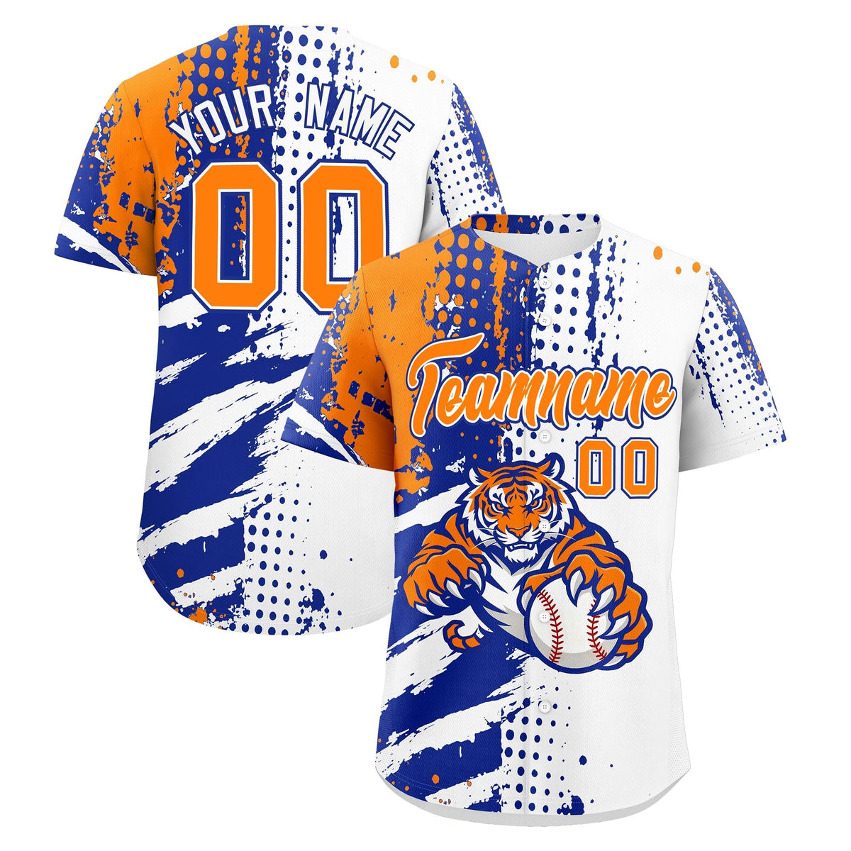 Custom White Royal Blue Orange Full-Snap Graffiti Pattern Tiger Graffiti Jersey Baseball Jersey| KXKSHOP