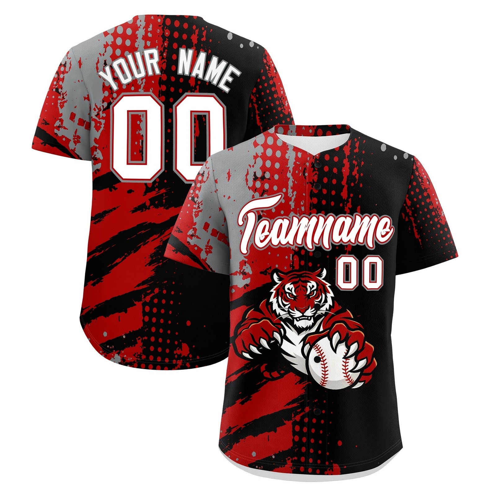 Custom Black Red Gray Full-Snap Graffiti Pattern Tiger Graffiti Jersey Baseball Jersey| KXKSHOP