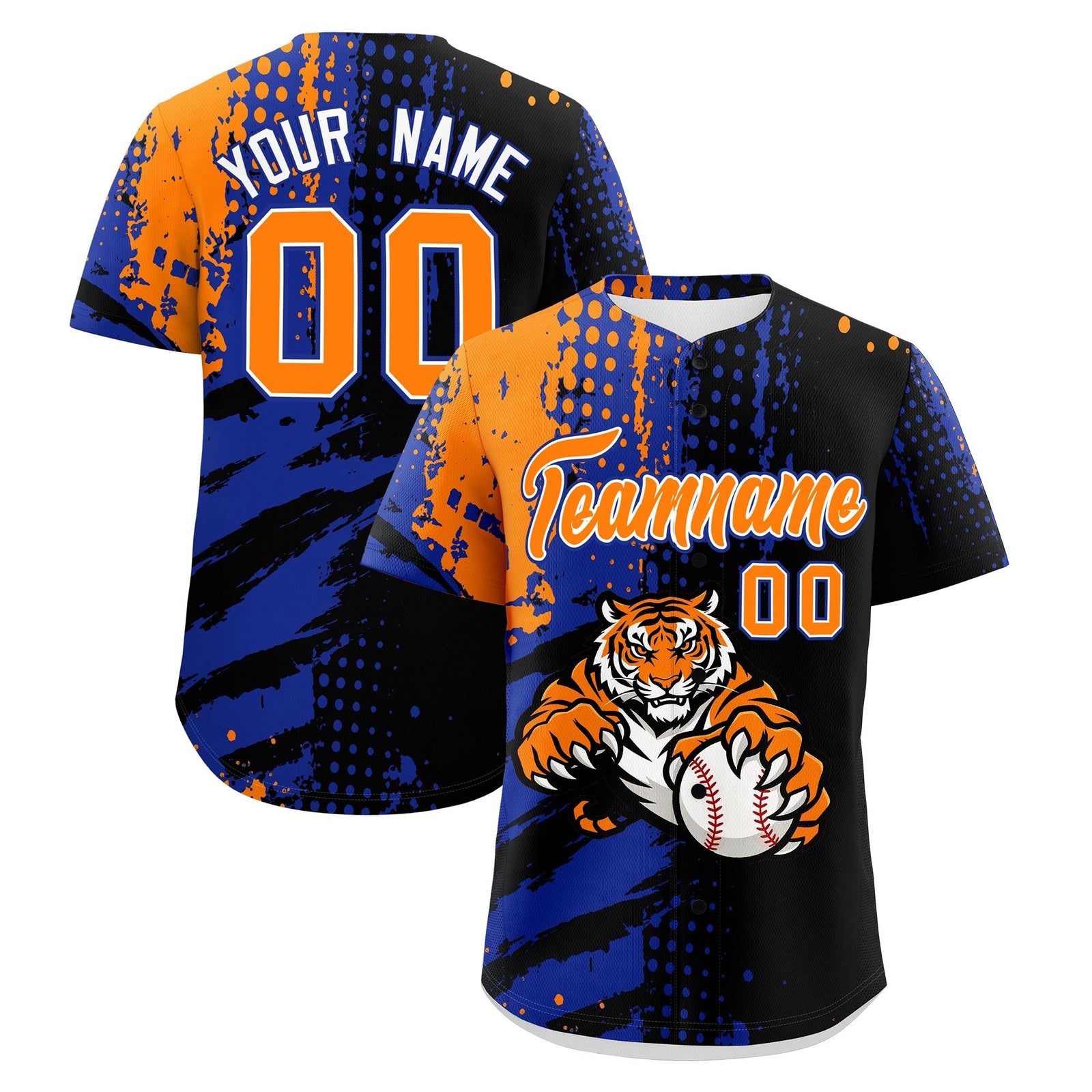 Custom Black Royal Blue Orange Full-Snap Graffiti Pattern Tiger Graffiti Jersey Baseball Jersey| KXKSHOP