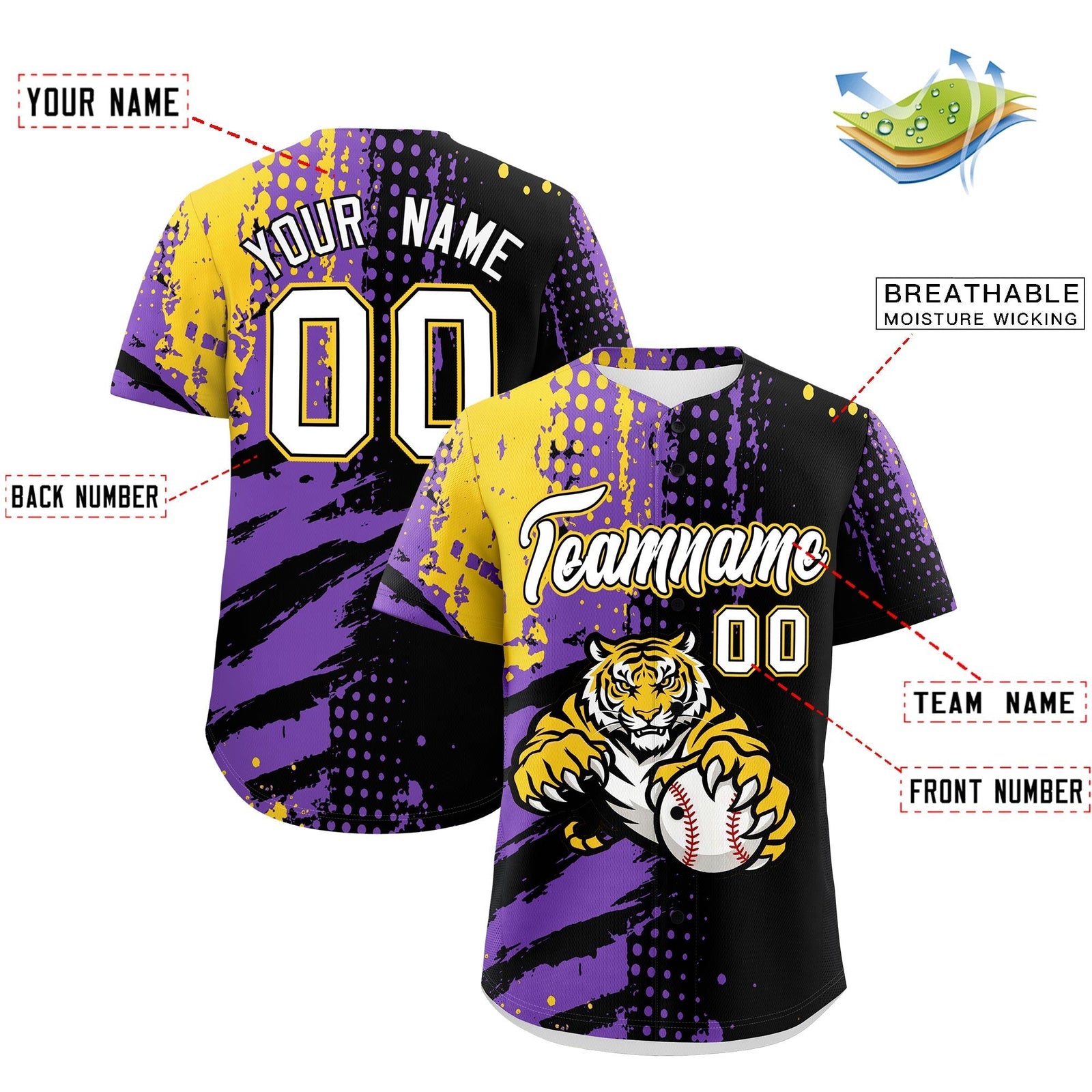 Custom Black Gold White Full-Snap Graffiti Pattern Tiger Graffiti Jersey Baseball Jersey| KXKSHOP