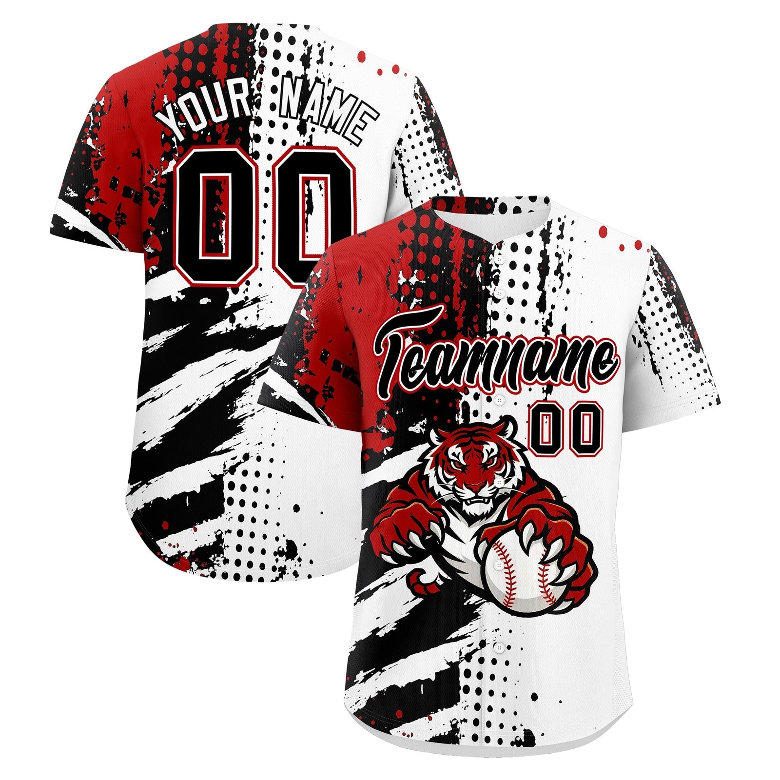 Custom White Black Red Full-Snap Graffiti Pattern Tiger Graffiti Jersey Baseball Jersey| KXKSHOP