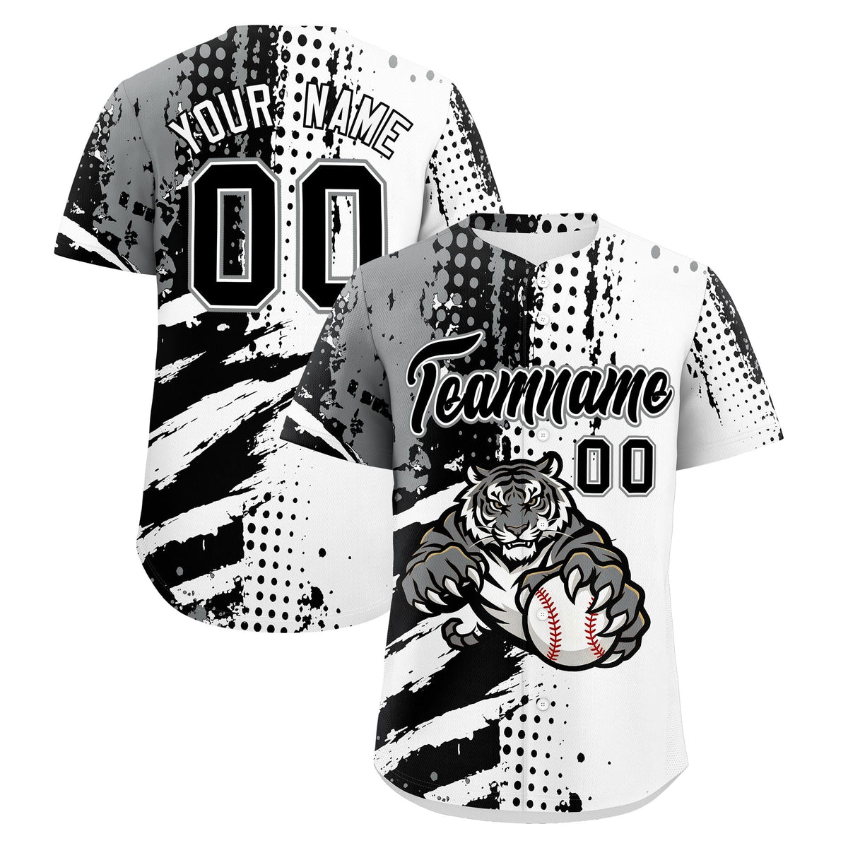 Custom White Black Gray Full-Snap Graffiti Pattern Tiger Graffiti Jersey Baseball Jersey| KXKSHOP