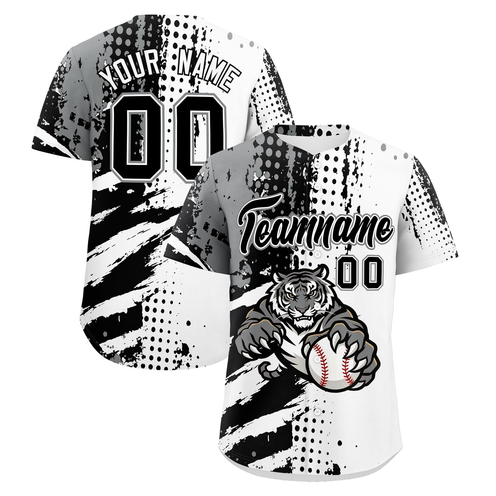 Custom White Black Gray Full-Snap Graffiti Pattern Tiger Graffiti Jersey Baseball Jersey| KXKSHOP