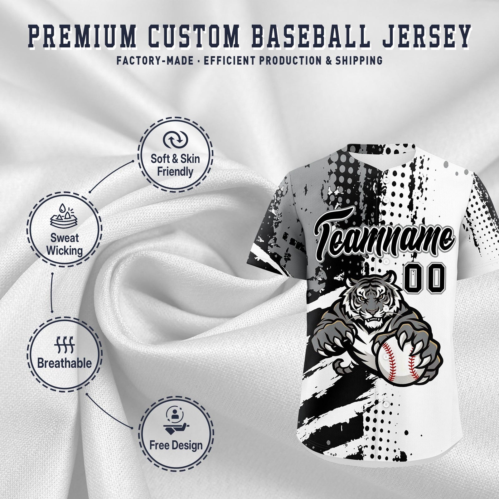 Custom White Black Gray Full-Snap Graffiti Pattern Tiger Graffiti Jersey Baseball Jersey| KXKSHOP