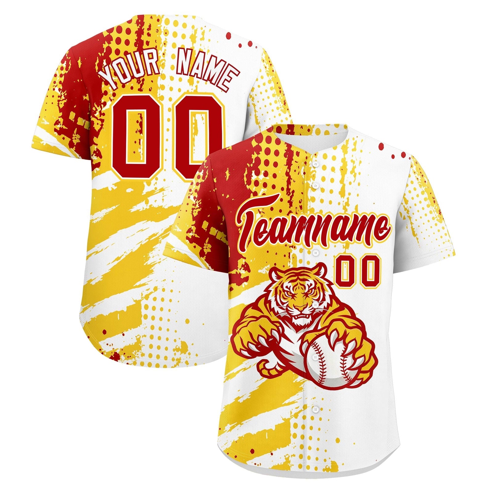 Custom White Gold Red Full-Snap Graffiti Pattern Tiger Graffiti Jersey Baseball Jersey| KXKSHOP