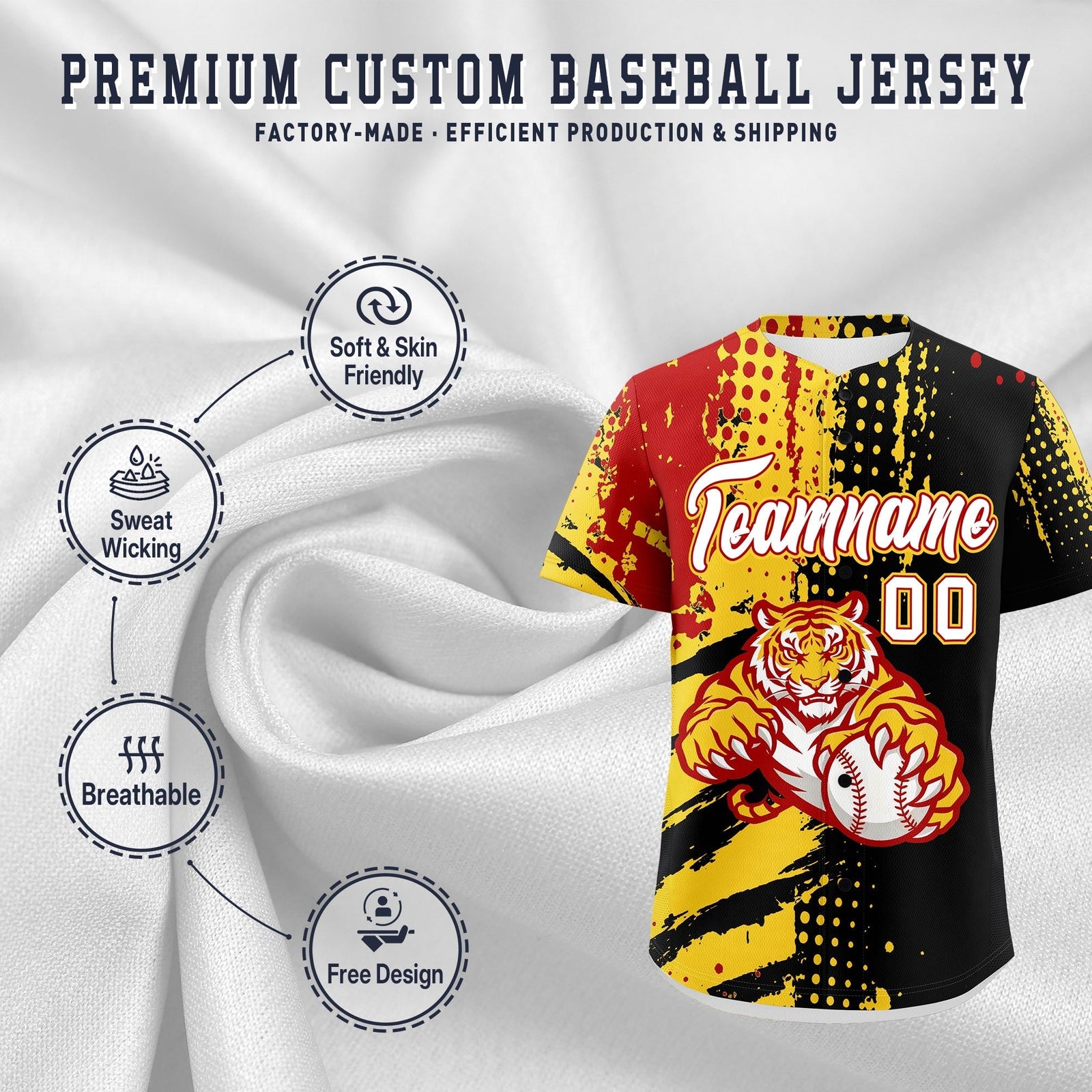 Custom Black Red Gold Full-Snap Graffiti Pattern Tiger Graffiti Jersey Baseball Jersey| KXKSHOP