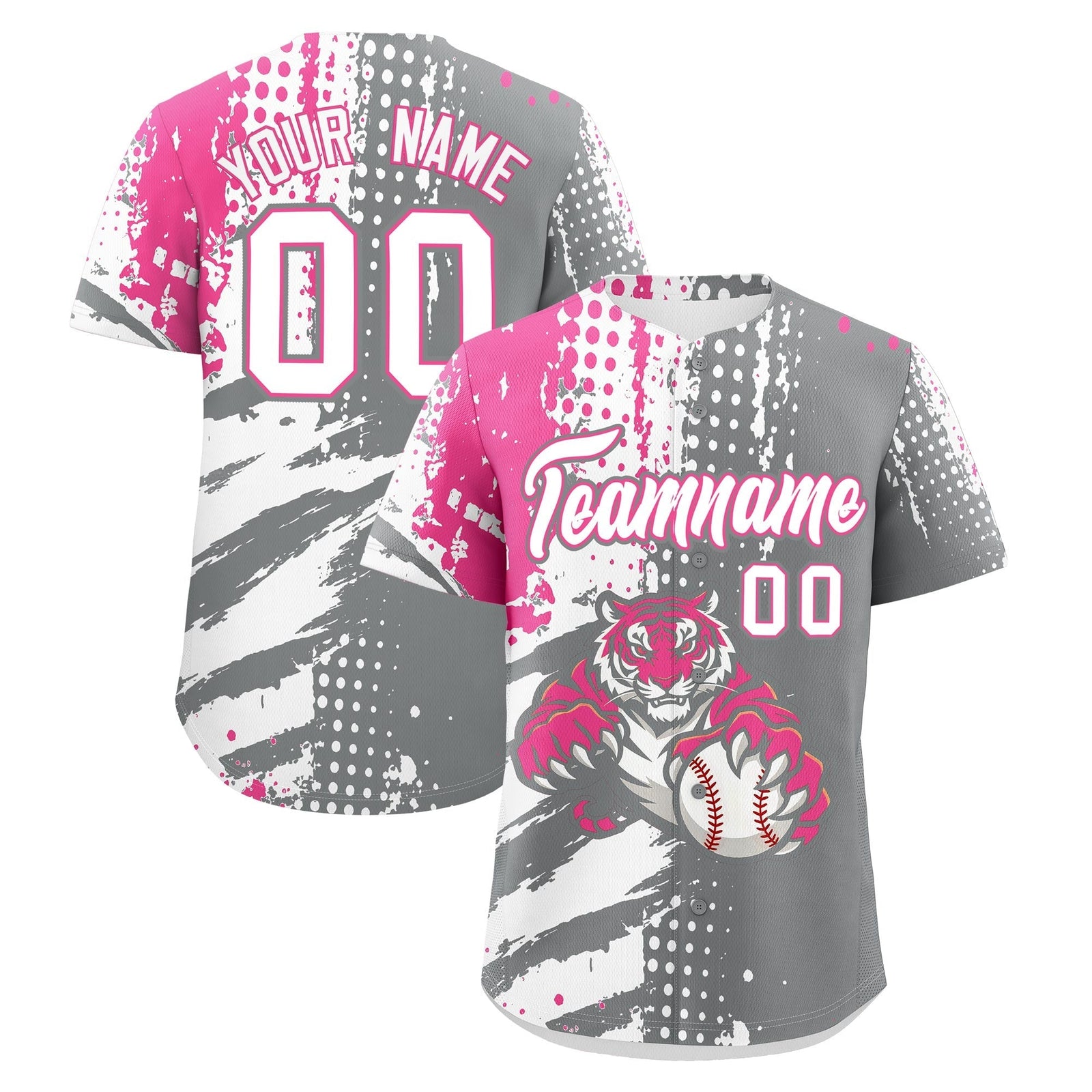 Custom Gray White Pink Full-Snap Graffiti Pattern Tiger Graffiti Jersey Baseball Jersey| KXKSHOP