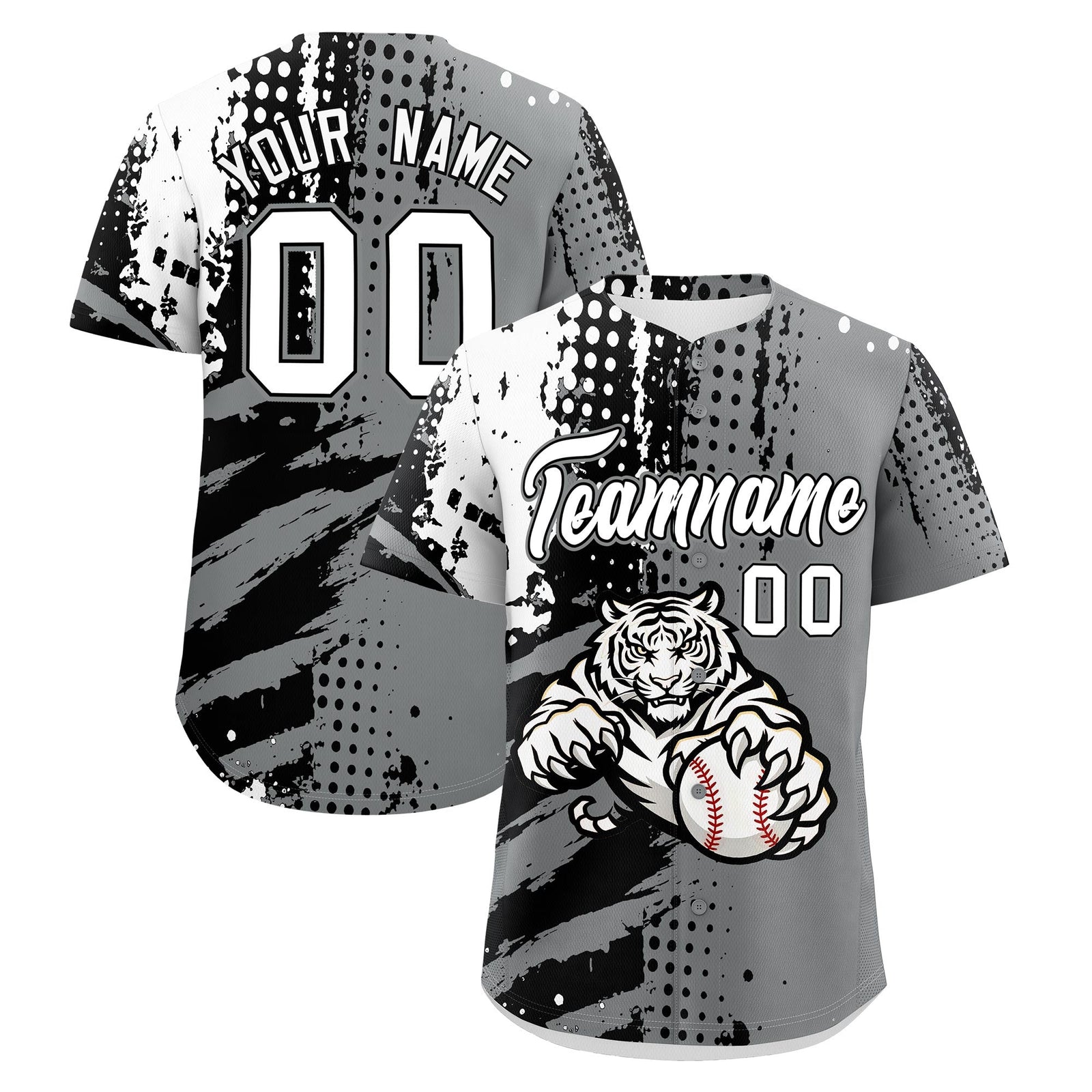 Custom Gray Black White Full-Snap Graffiti Pattern Tiger Graffiti Jersey Baseball Jersey| KXKSHOP