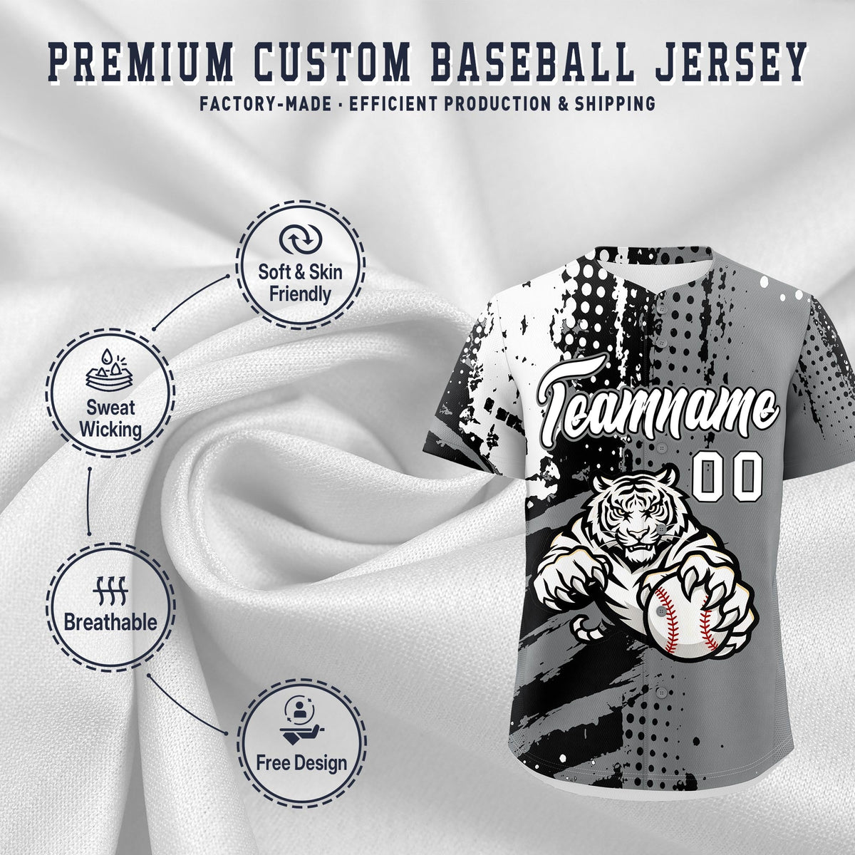 Custom Gray Black White Full-Snap Graffiti Pattern Tiger Graffiti Jersey Baseball Jersey| KXKSHOP