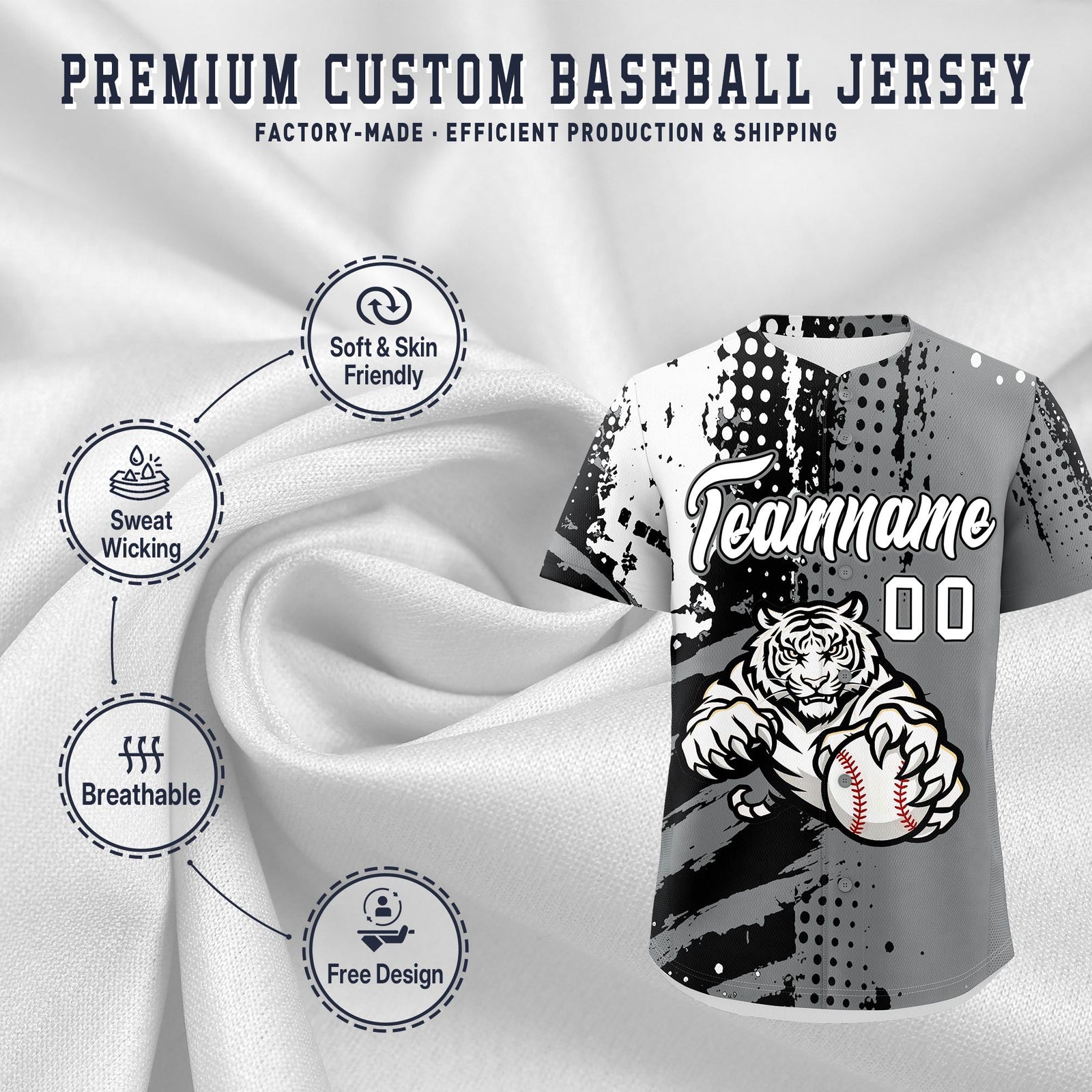 Custom Gray Black White Full-Snap Graffiti Pattern Tiger Graffiti Jersey Baseball Jersey| KXKSHOP