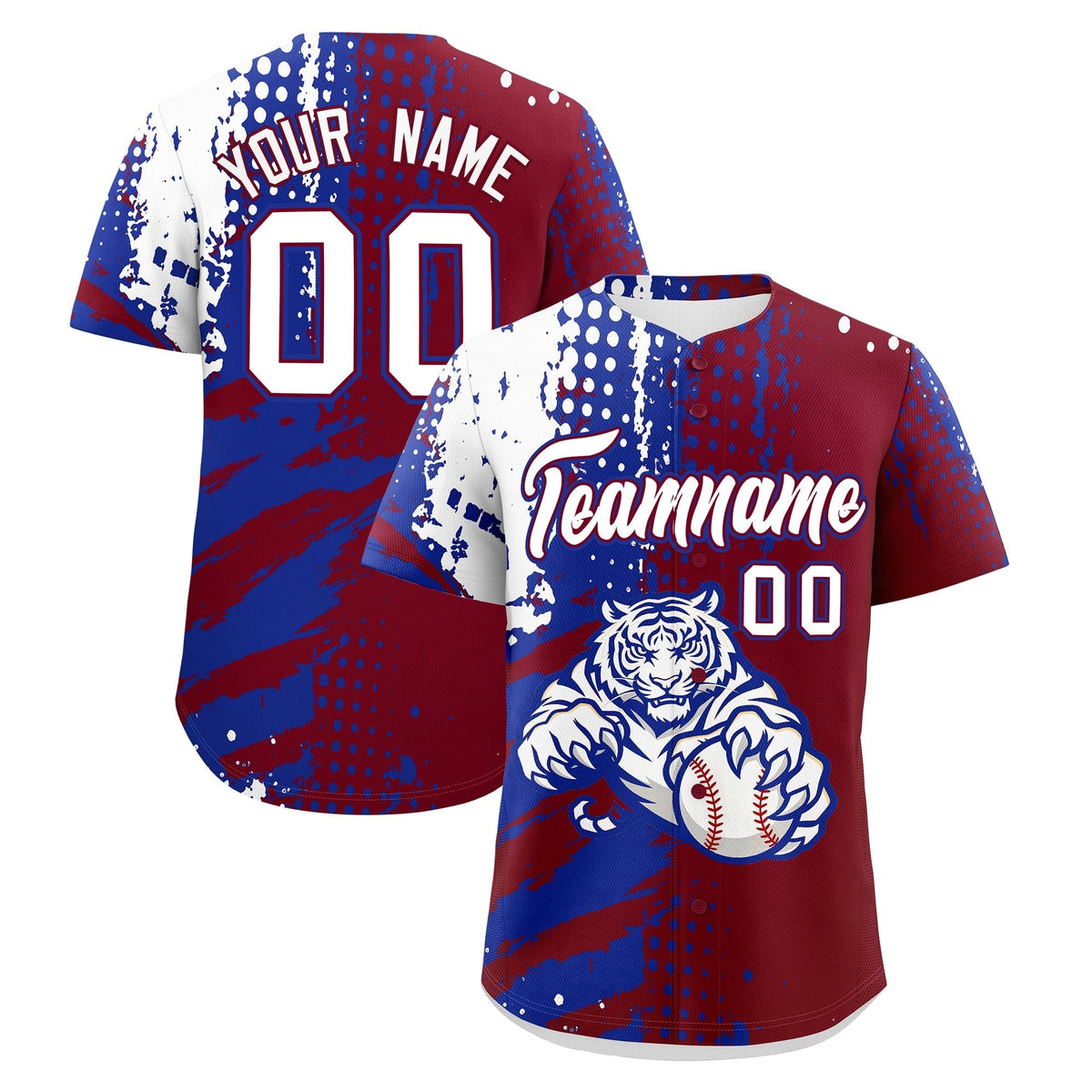 Custom Crimson Royal Blue White Full-Snap Graffiti Pattern Tiger Graffiti Jersey Baseball Jersey| KXKSHOP