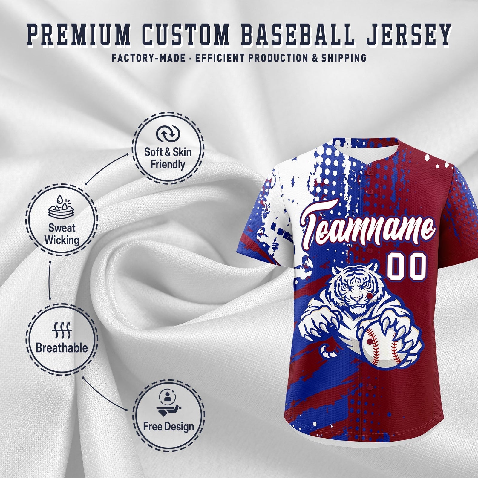 Custom Crimson Royal Blue White Full-Snap Graffiti Pattern Tiger Graffiti Jersey Baseball Jersey| KXKSHOP