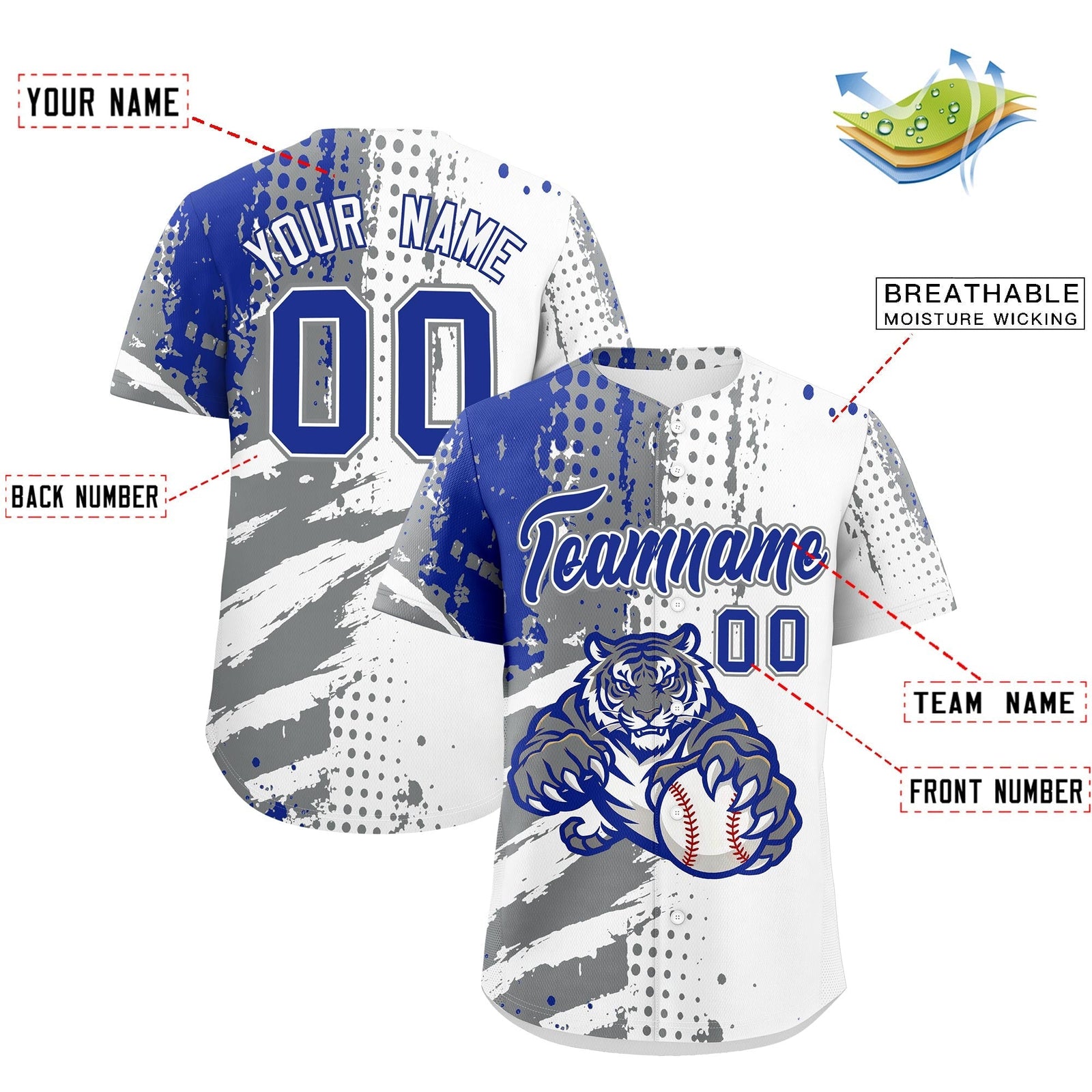 Custom White Gray Royal Blue Full-Snap Graffiti Pattern Tiger Graffiti Jersey Baseball Jersey| KXKSHOP