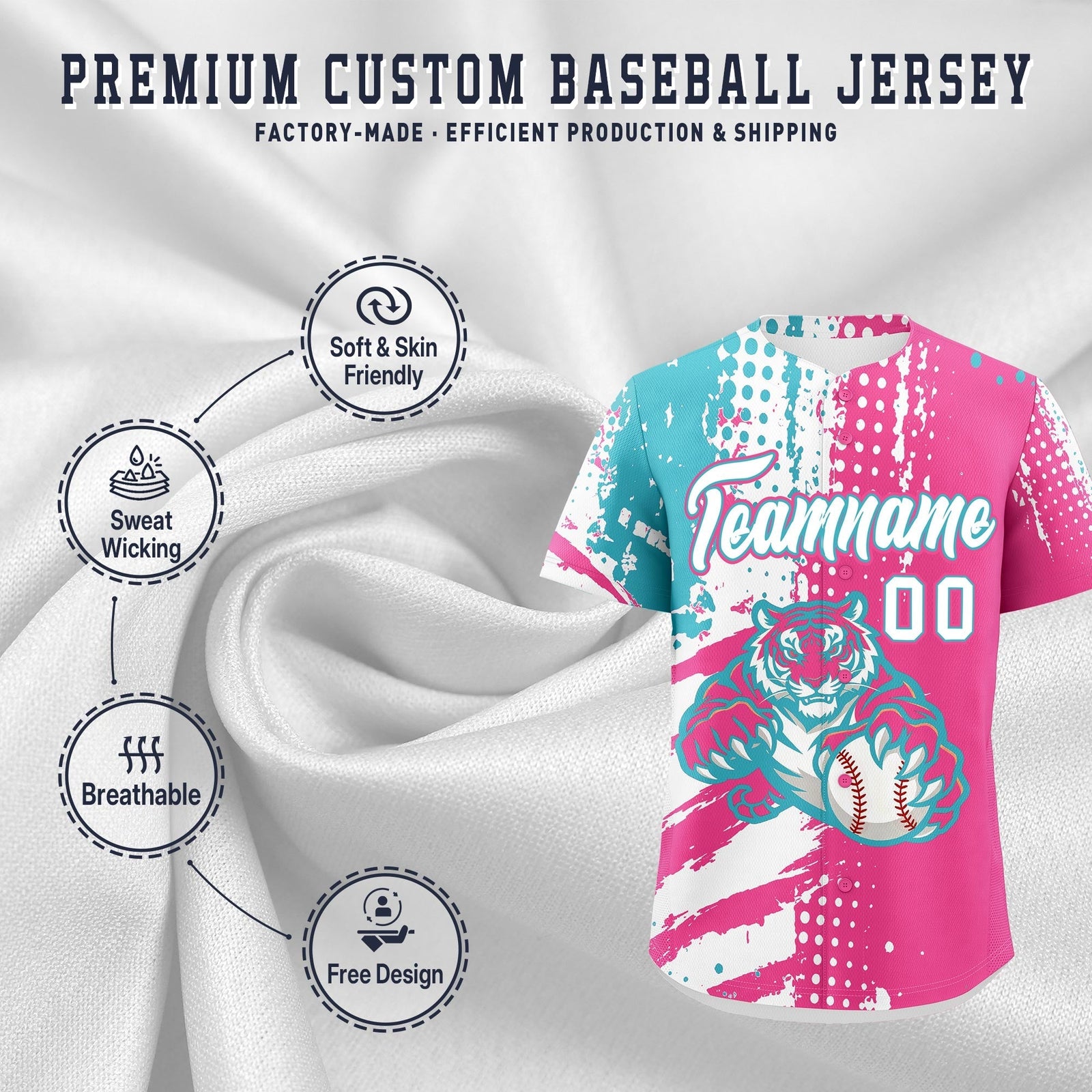 Custom Pink White Sky Blue Full-Snap Graffiti Pattern Tiger Graffiti Jersey Baseball Jersey| KXKSHOP