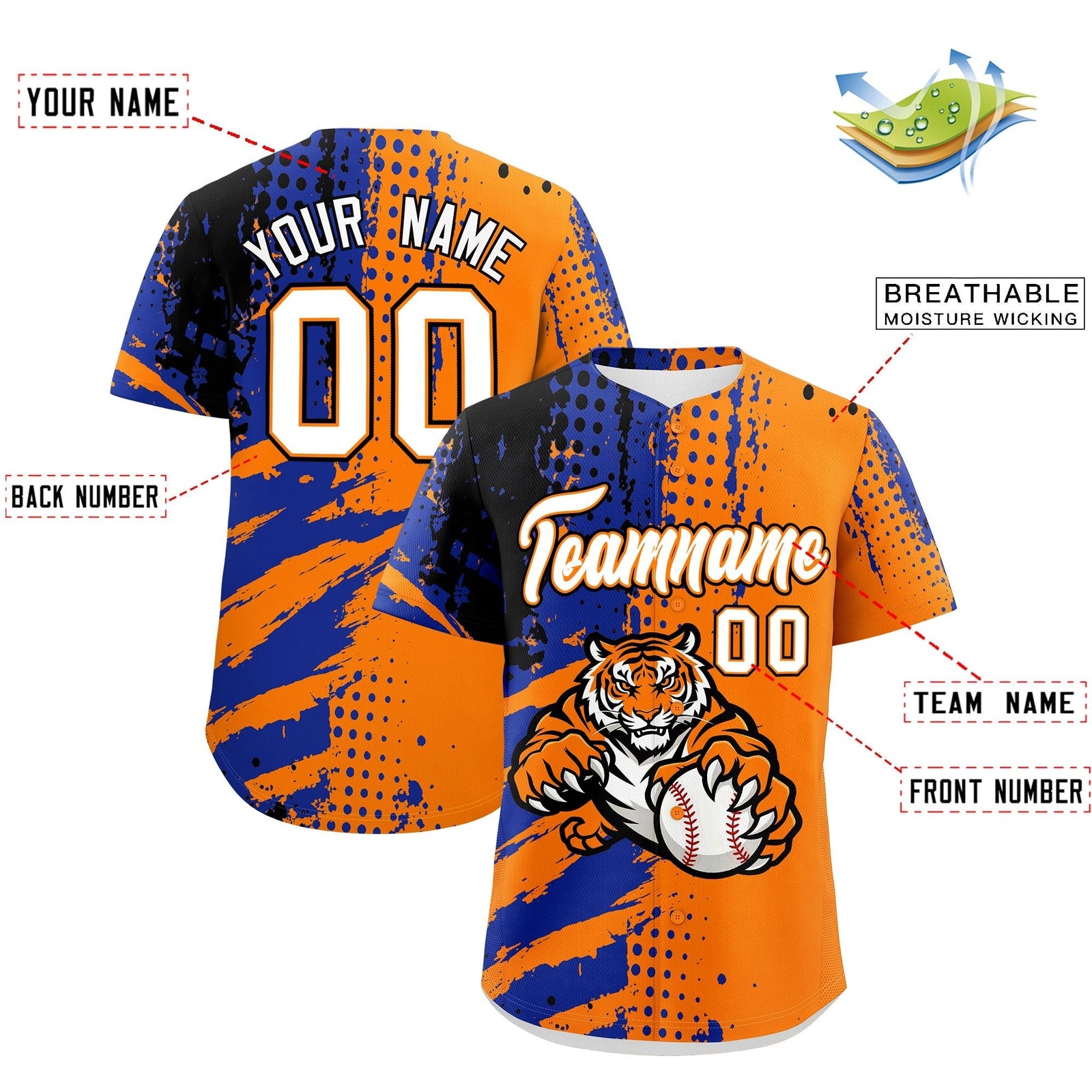 Custom Orange Royal Blue Black Full-Snap Graffiti Pattern Tiger Graffiti Jersey Baseball Jersey| KXKSHOP