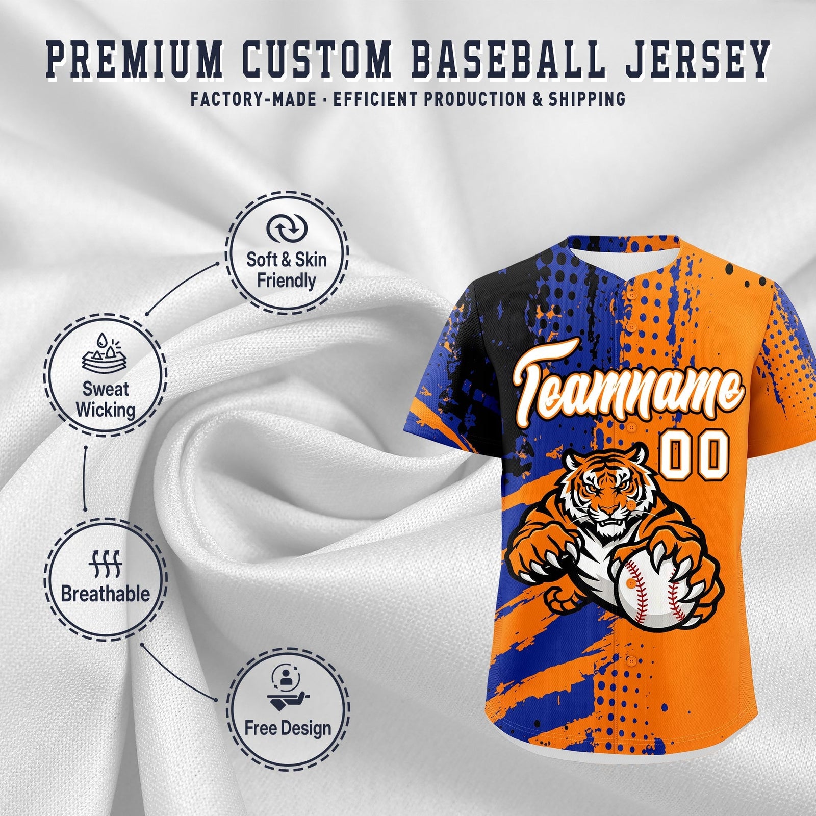 Custom Orange Royal Blue Black Full-Snap Graffiti Pattern Tiger Graffiti Jersey Baseball Jersey| KXKSHOP