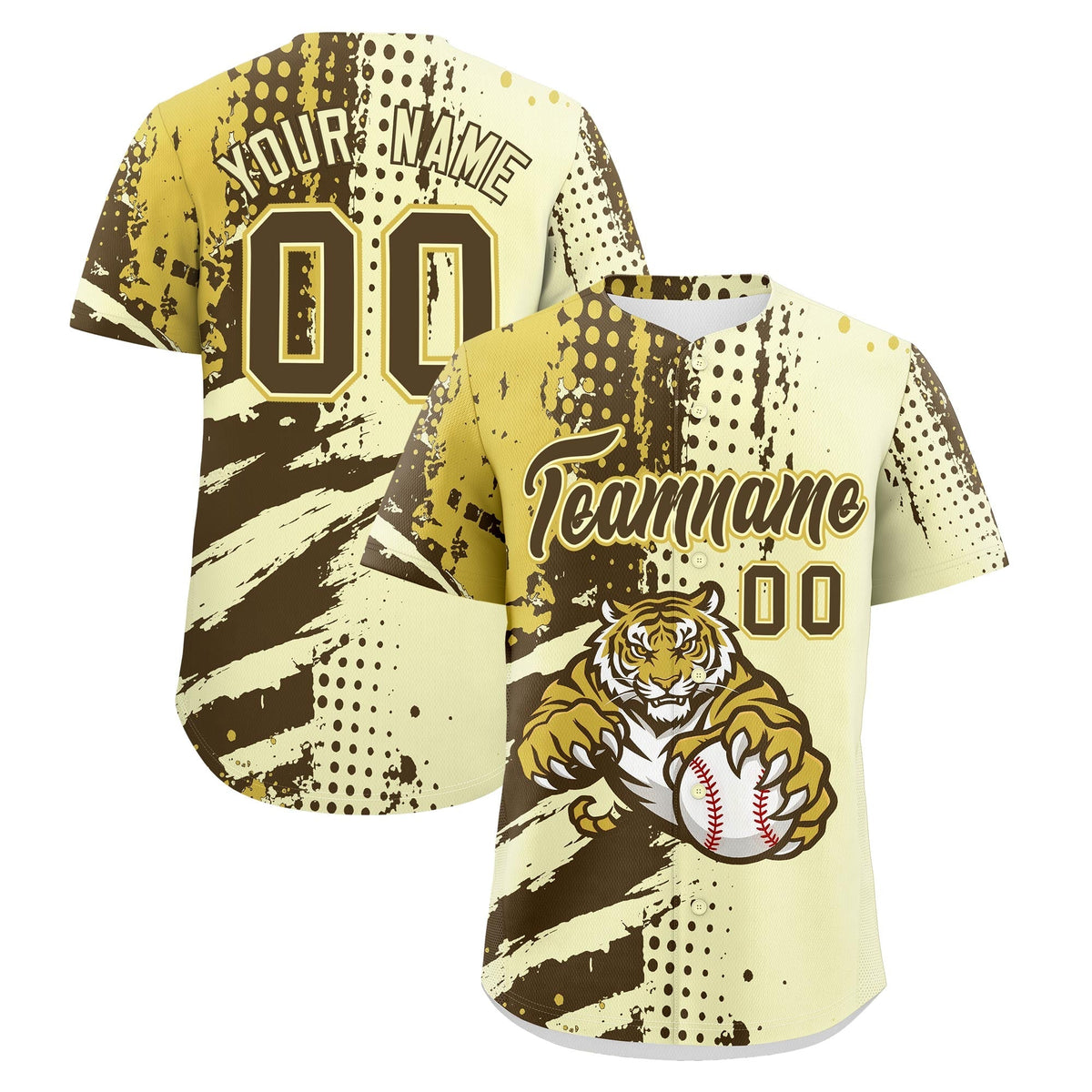 Custom Cream Light Brown Old Gold Full-Snap Graffiti Pattern Tiger Graffiti Jersey Baseball Jersey| KXKSHOP