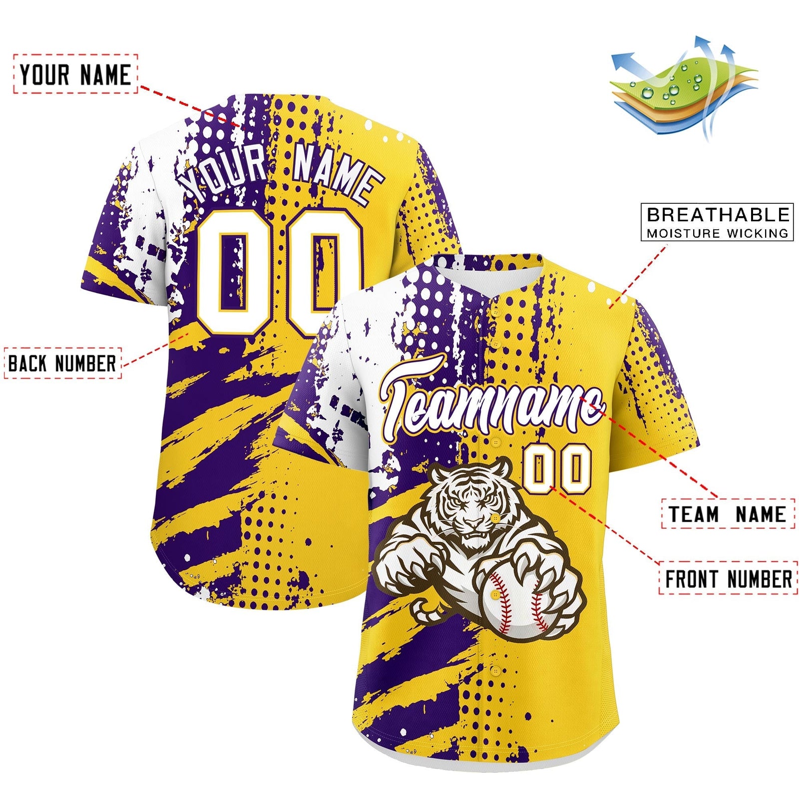 Custom Gold Purple White Full-Snap Graffiti Pattern Tiger Graffiti Jersey Baseball Jersey| KXKSHOP