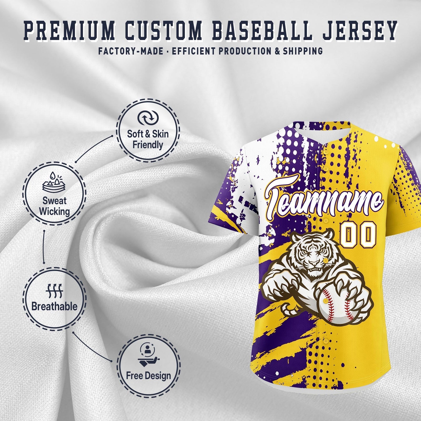 Custom Gold Purple White Full-Snap Graffiti Pattern Tiger Graffiti Jersey Baseball Jersey| KXKSHOP