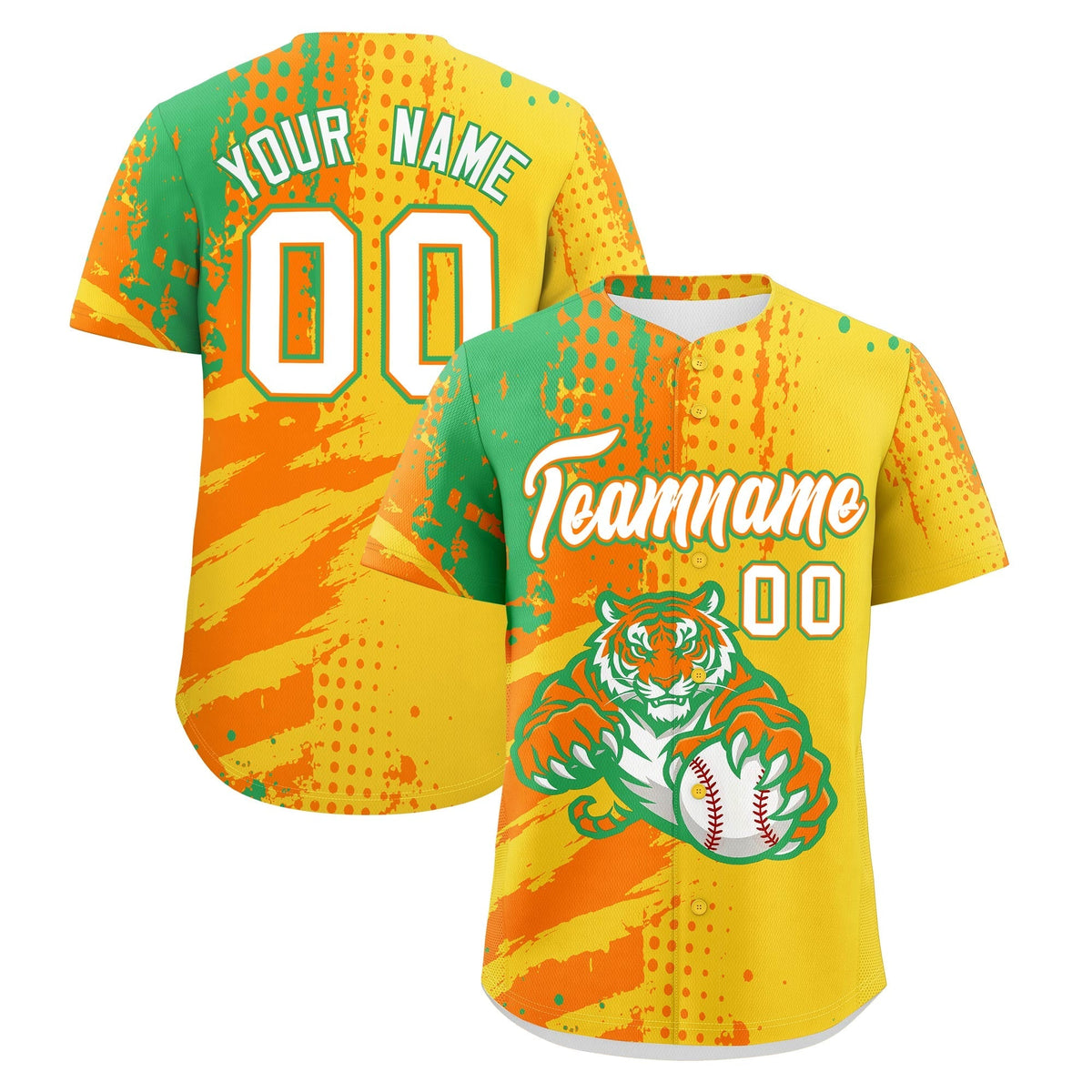 Custom Gold Orange Neon Green Full-Snap Graffiti Pattern Tiger Graffiti Jersey Baseball Jersey| KXKSHOP