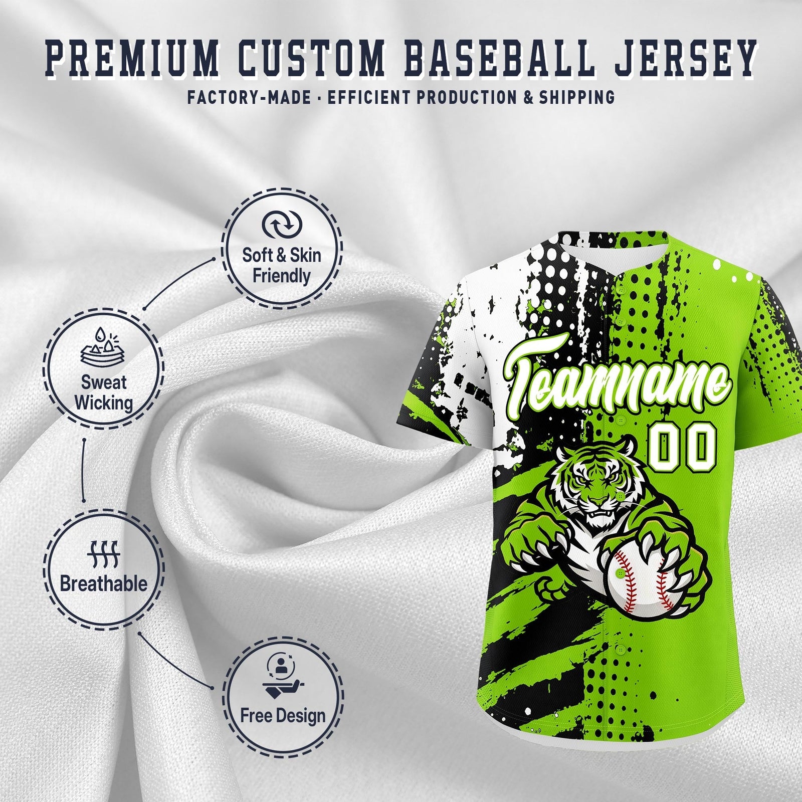 Custom Neon Green Black White Full-Snap Graffiti Pattern Tiger Graffiti Jersey Baseball Jersey| KXKSHOP