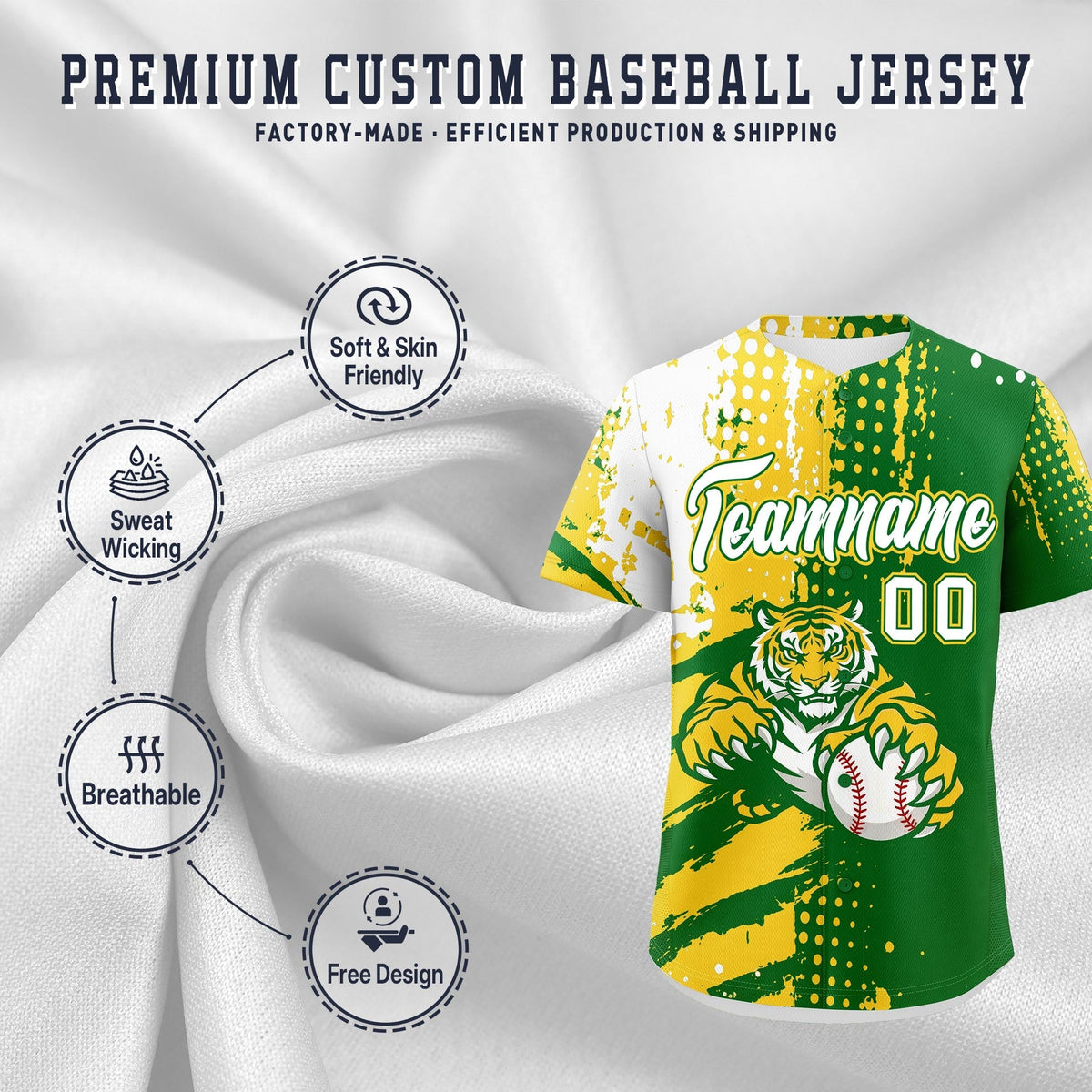 Custom Kelly Green Gold White Full-Snap Graffiti Pattern Tiger Graffiti Jersey Baseball Jersey| KXKSHOP